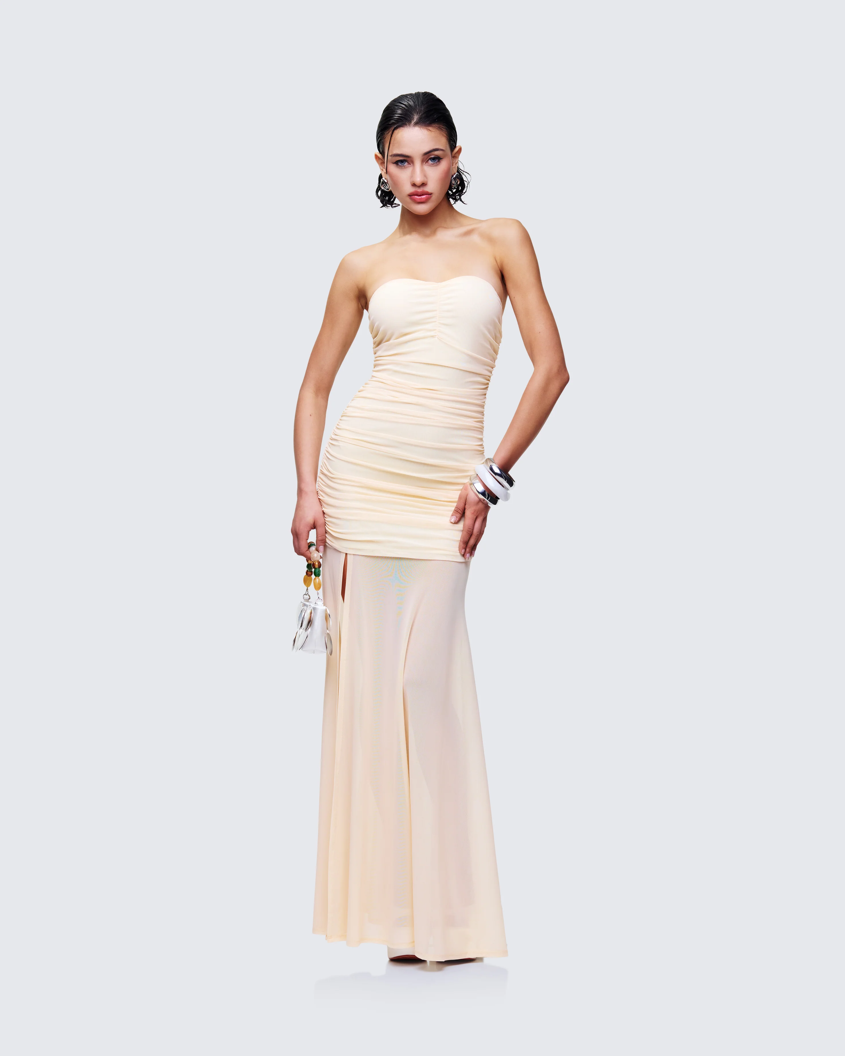 Zea Yellow Ruched Mesh Maxi Dress