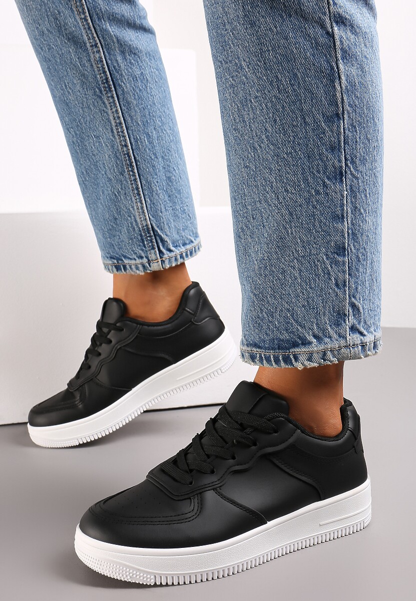 Czarne Sneakersy Sznurowane na Grubej Podeszwie Taleith
