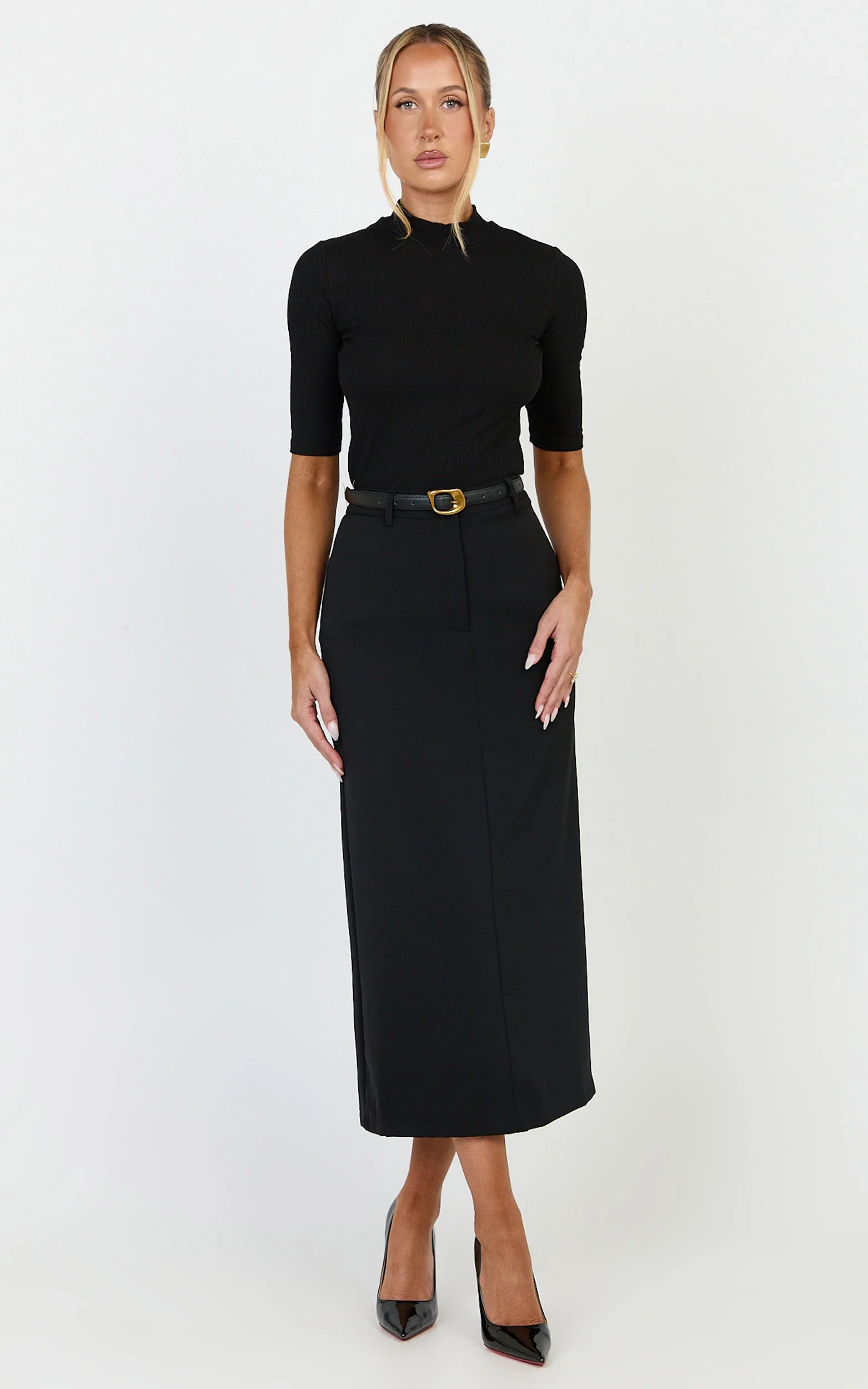 Alanna Midi Skirt - High Waisted Back Split Pencil Skirt in Black