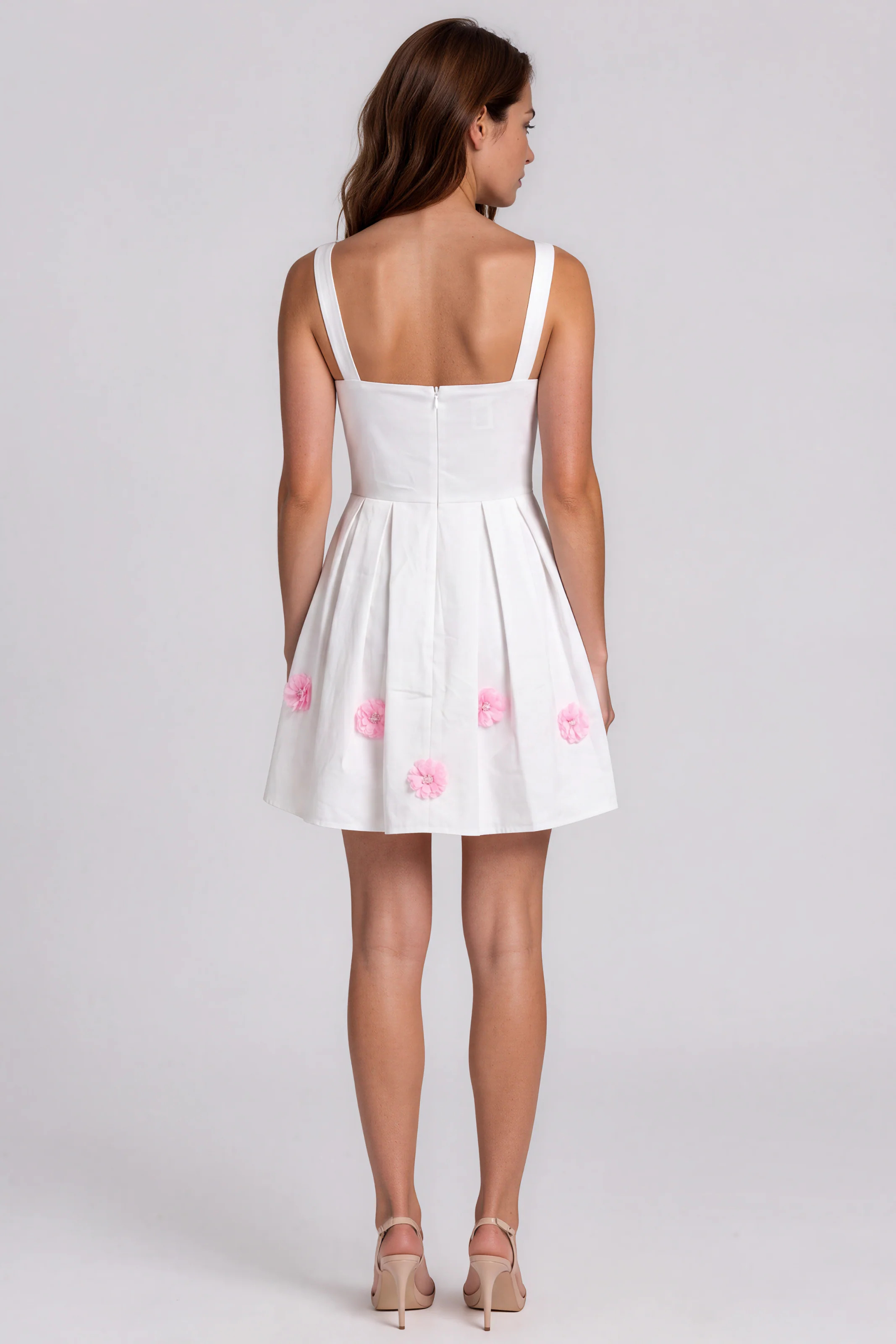 Square Neck Satin Fit and Flare Cocktail Dress with Floral Appliqué Detail