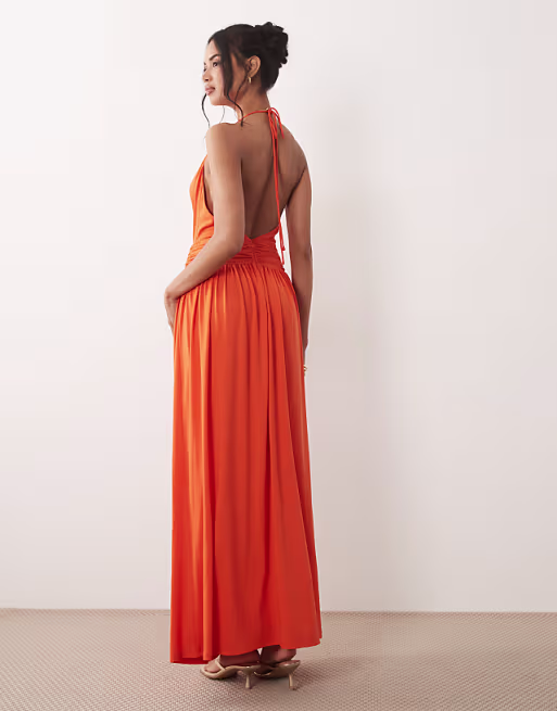 TFNC slinky cami halter full skirt maxi dress in orange