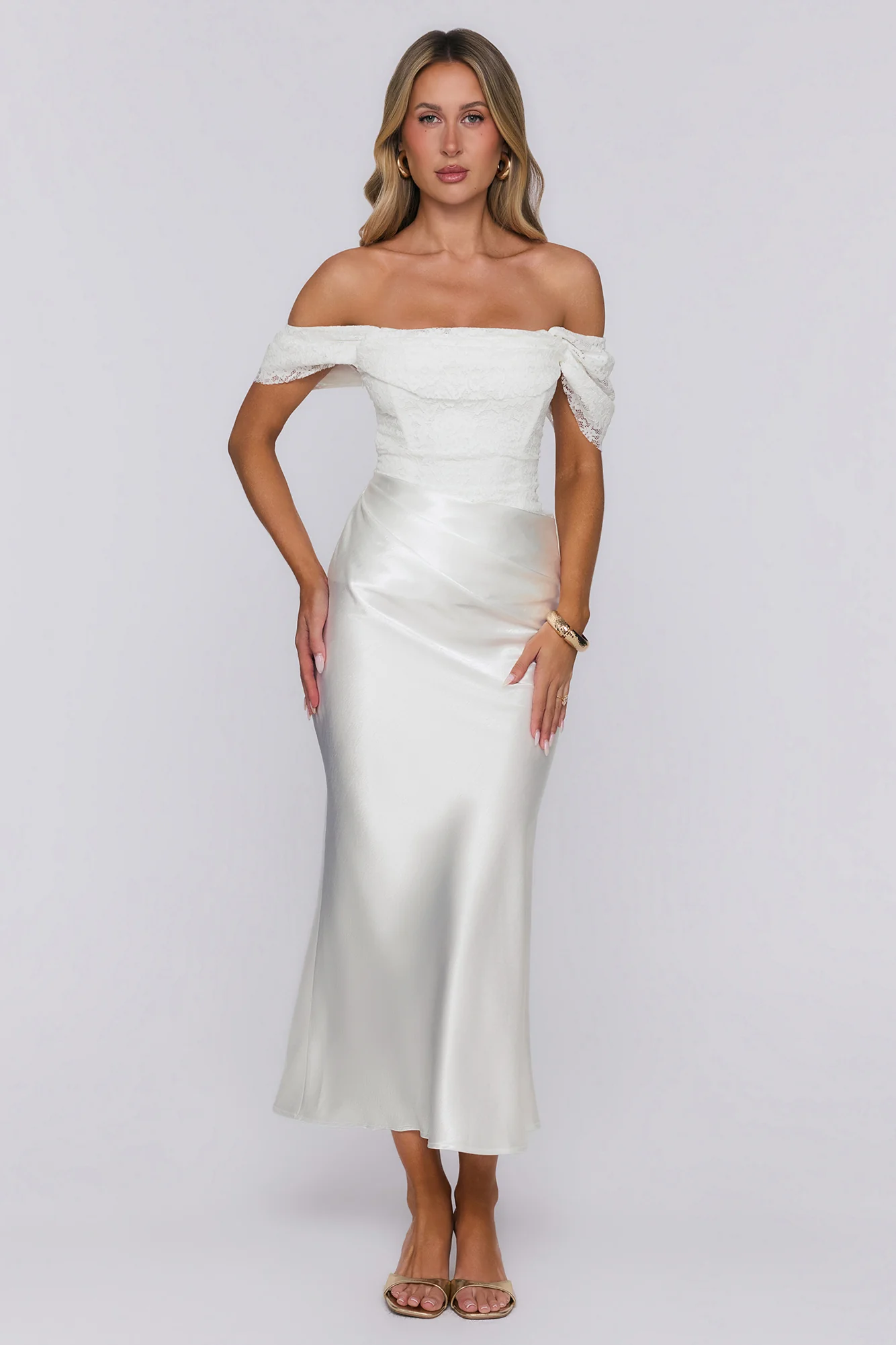 Love Looks Good Lace Satin Off Shoulder Maxi Dress White