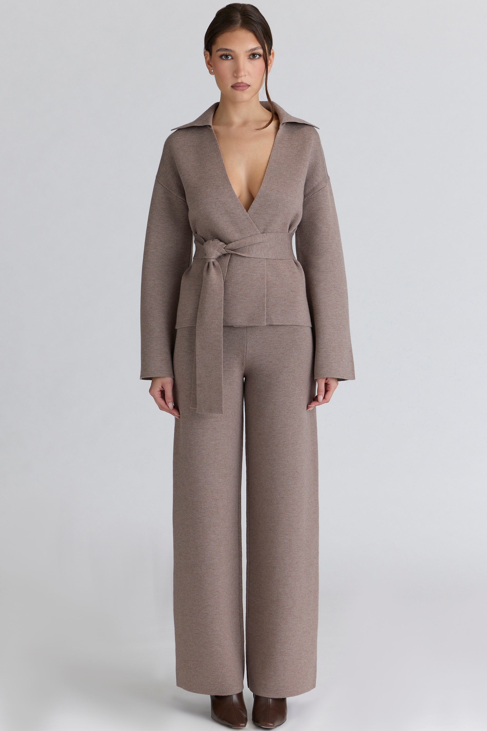 Taupe Wool Wide Leg Trousers