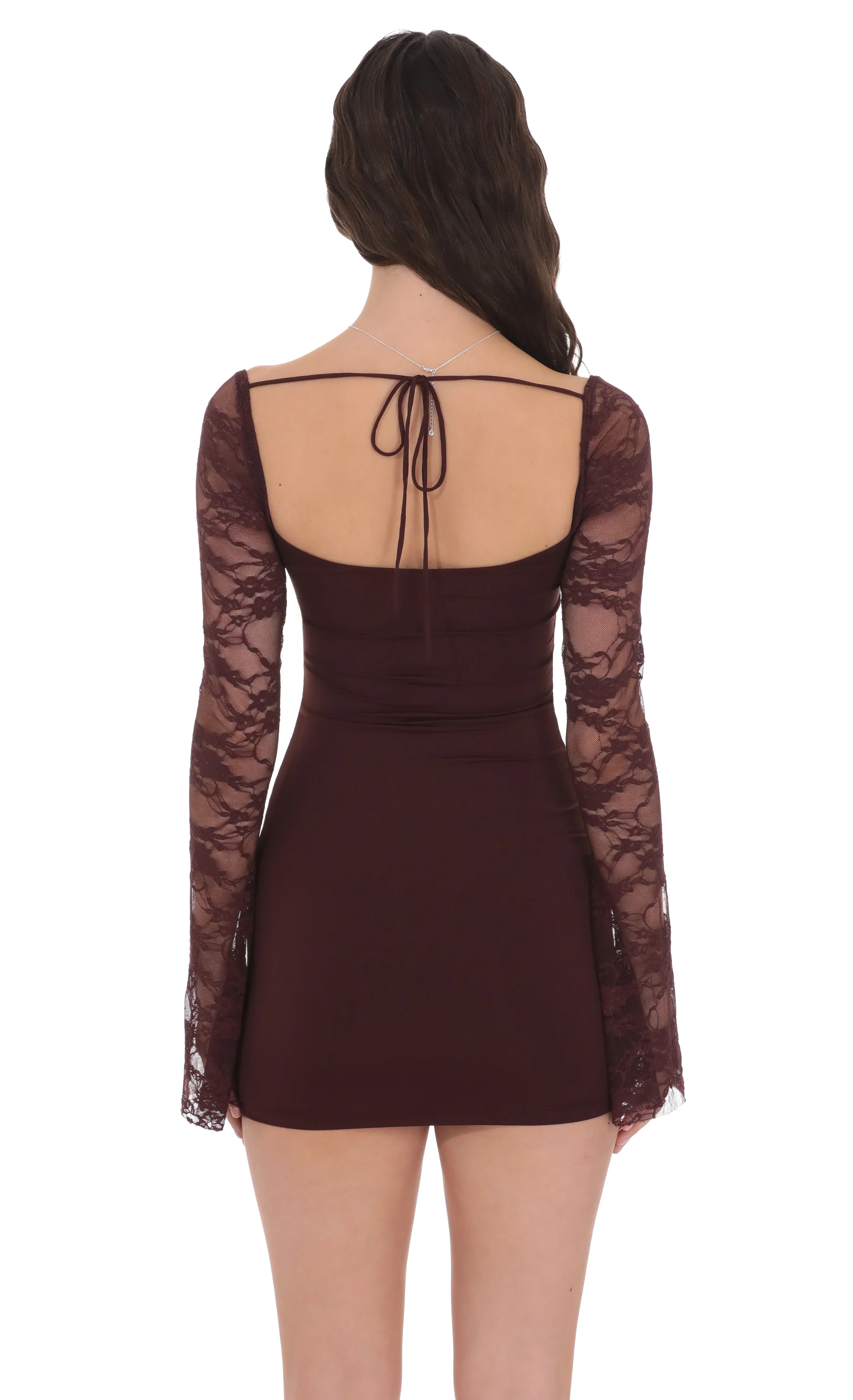 Lace Long Sleeve Bodycon Dress in Brown
