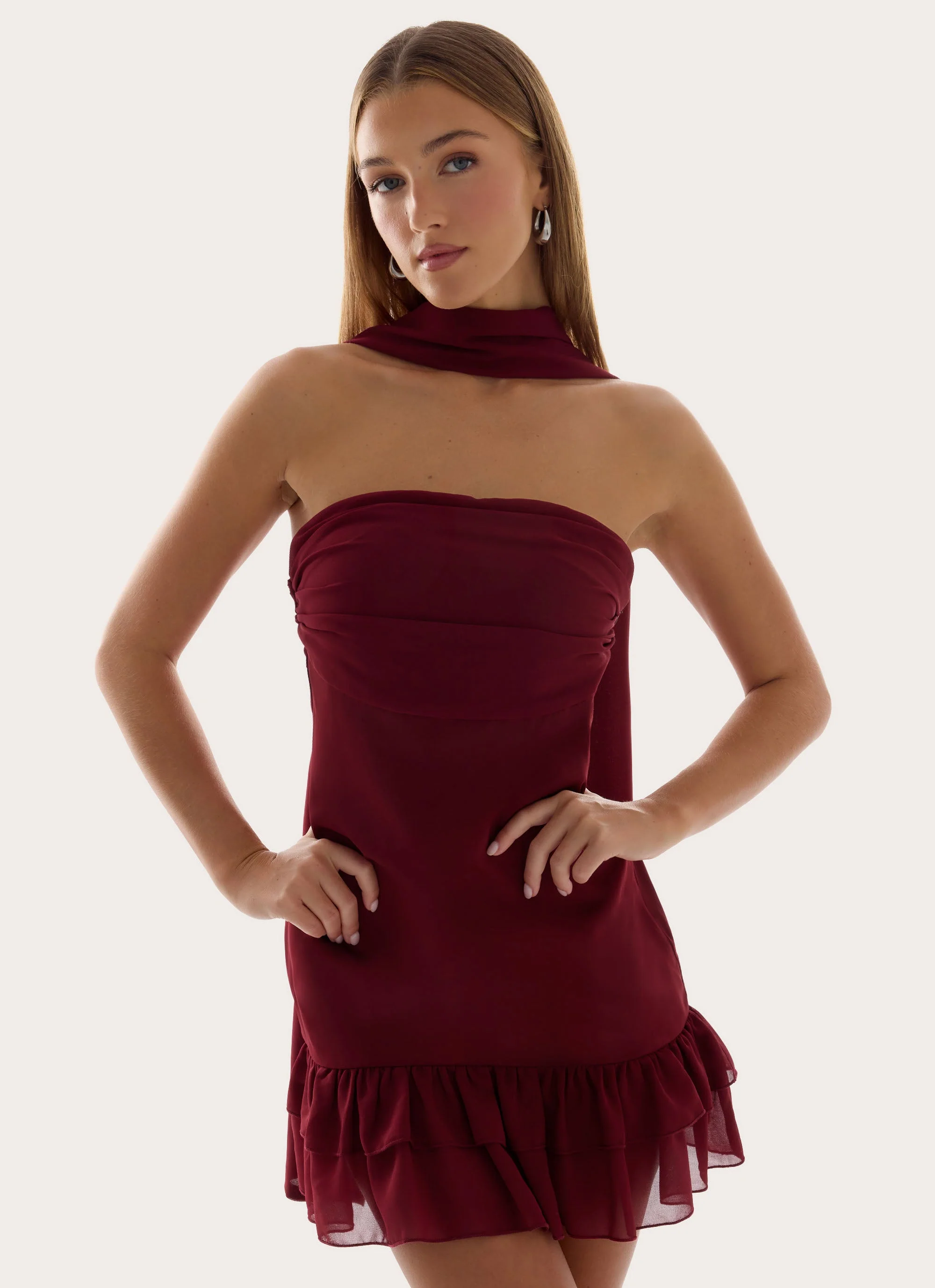 Manon Scarf Mini Dress - Deep Red - luluinthesky