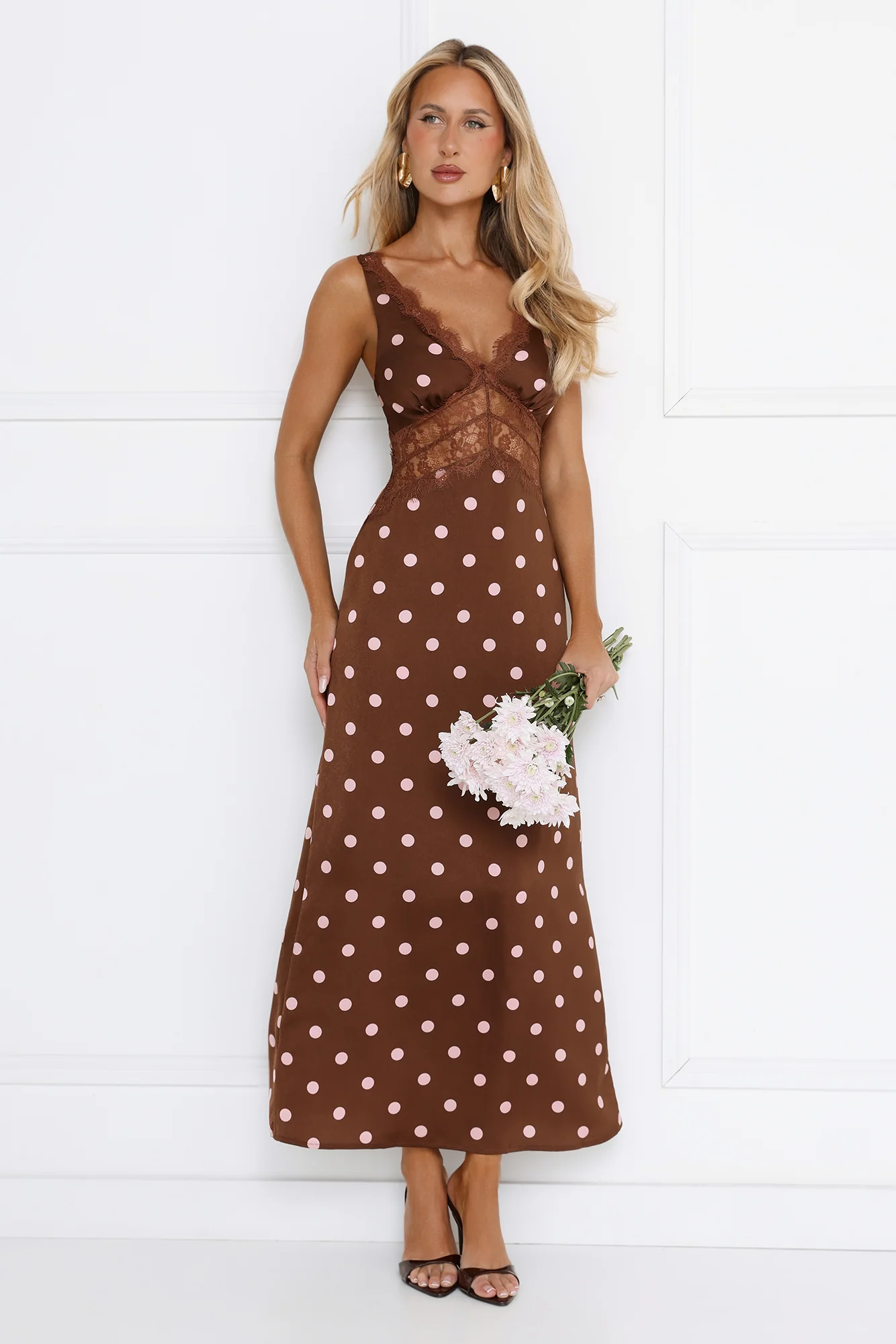 Staple Trend Polka Dot Satin Maxi Dress Brown