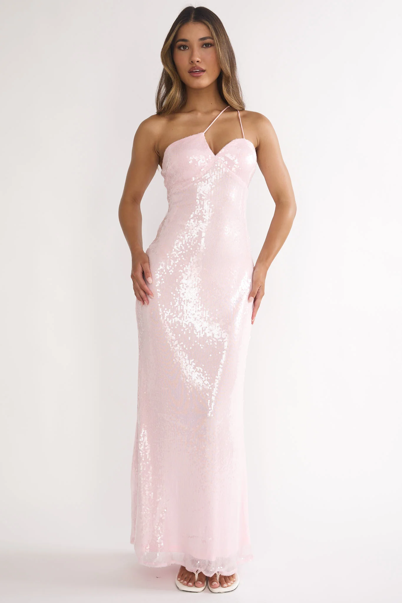 Roselyn One-Shoulder Sequin Maxi Dress Pink - luluinthesky