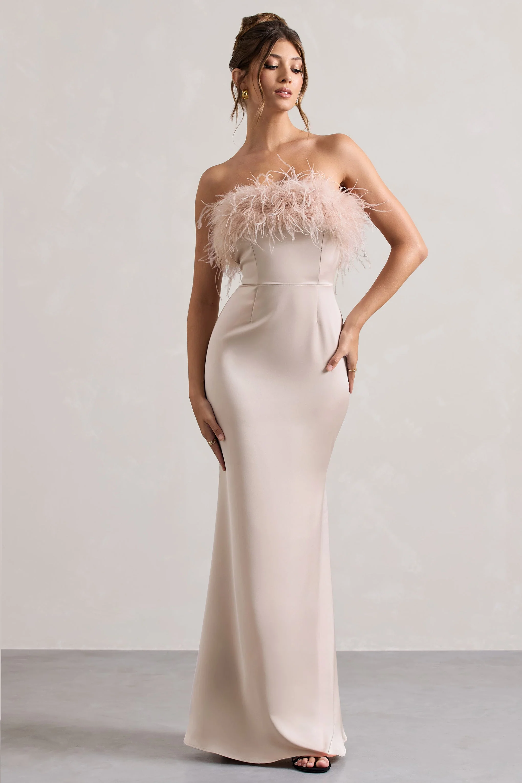 Dress For It | Champagne Satin Feather Trim Bandeau Maxi Dress