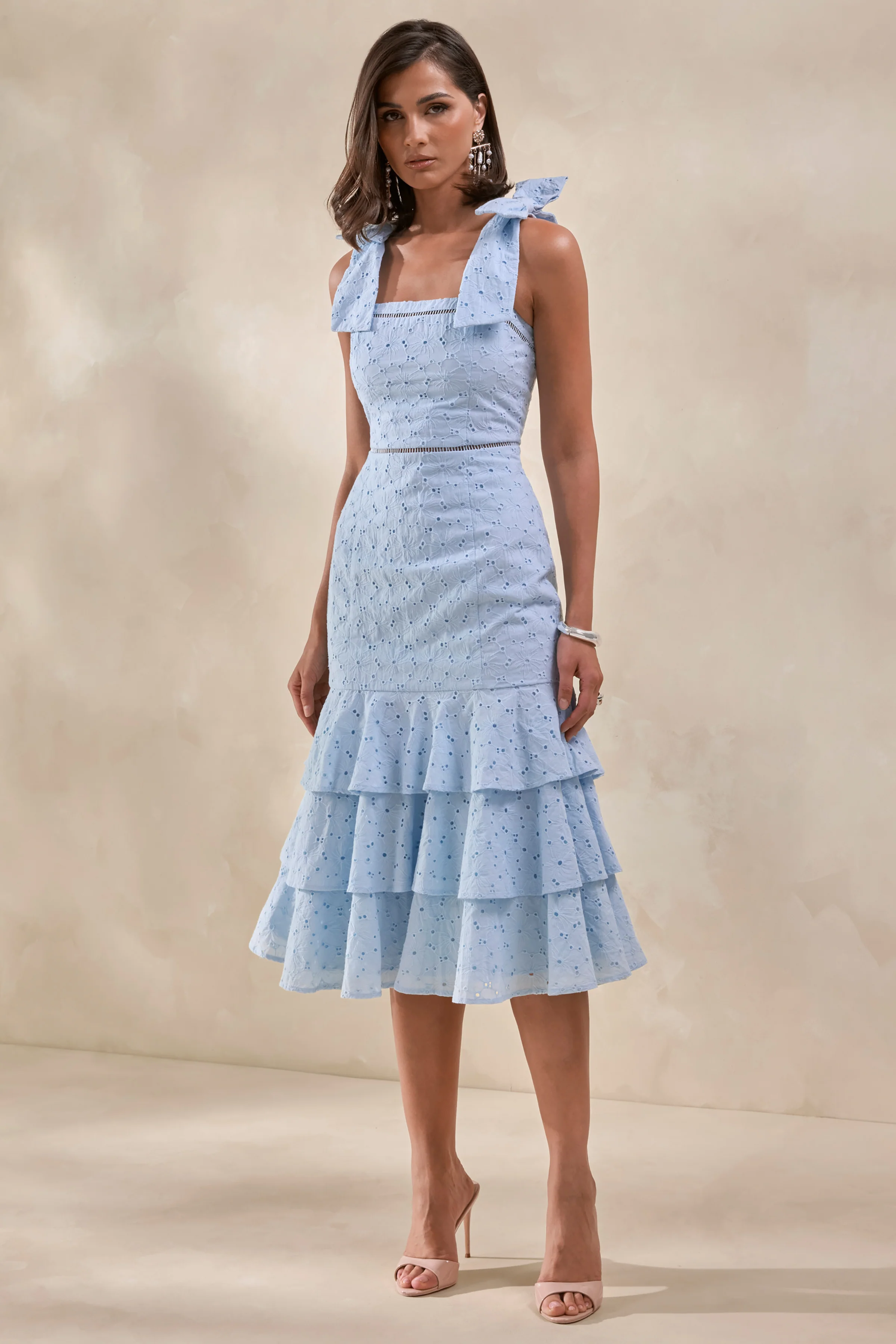 Velissia | Blue Broderie Square-Neck Midi Dress With Bow-Sleeves And Ruffled-Hem