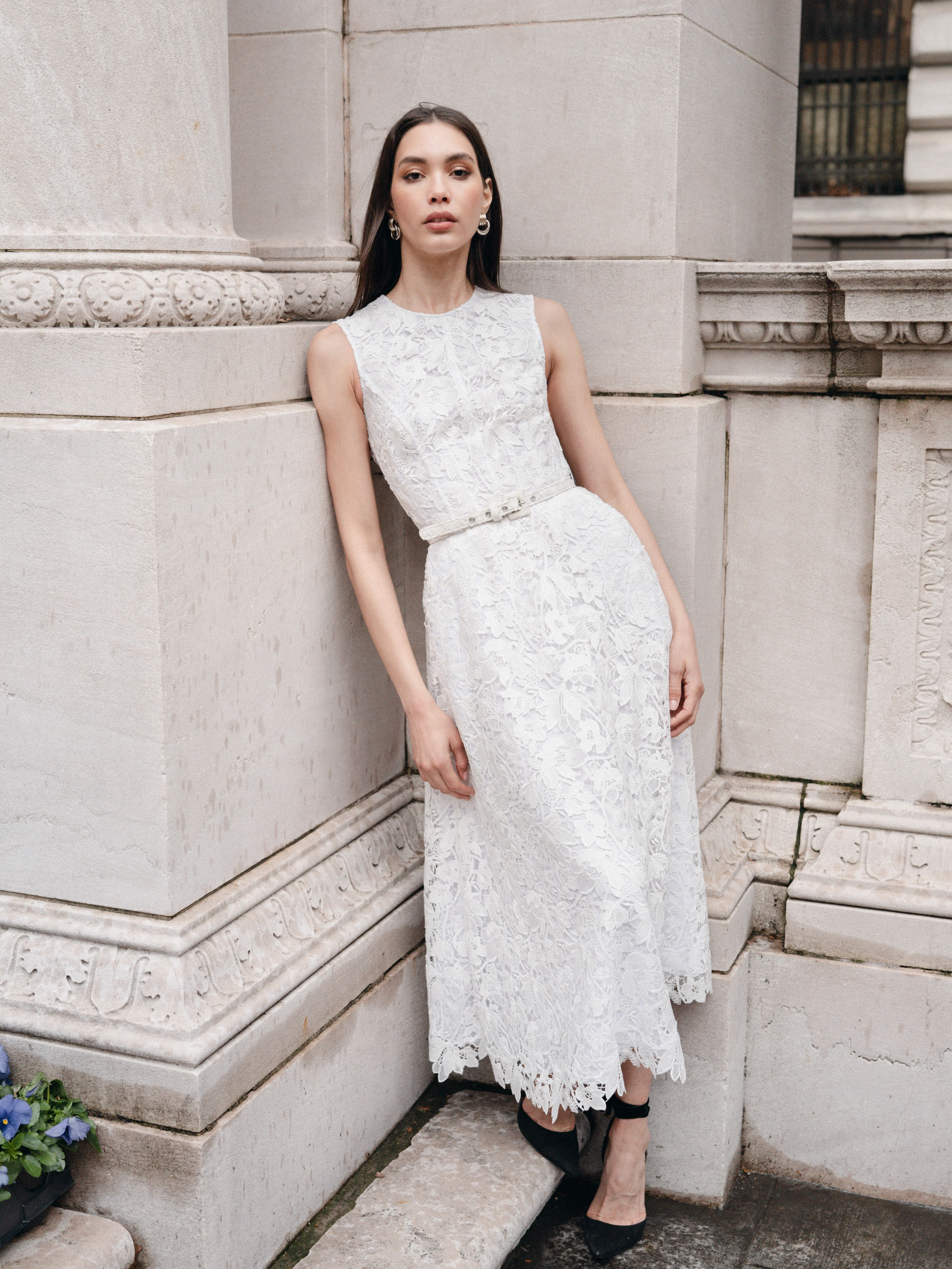 Silk White Belted Lace Dress