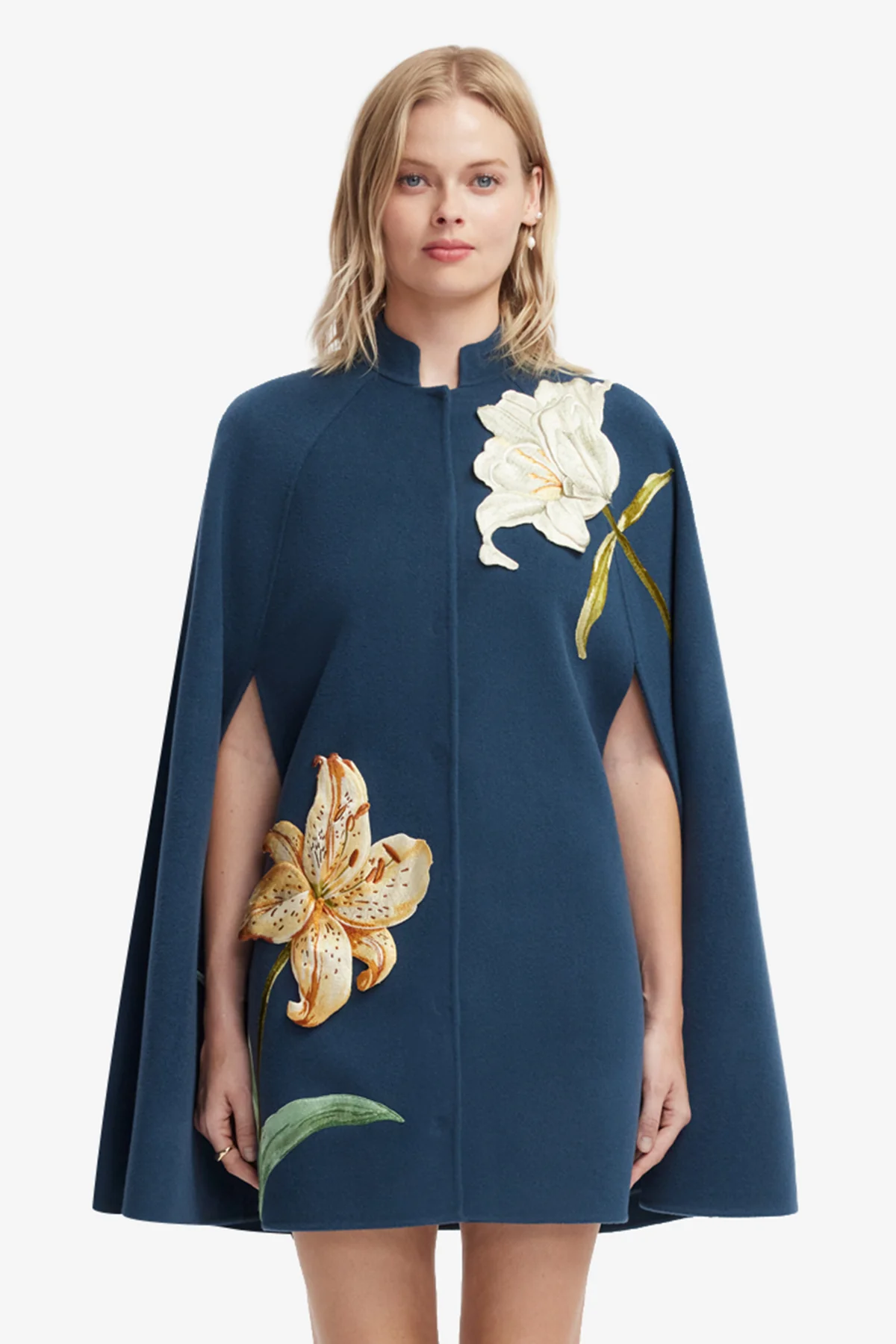 Sloane Embroidered Wool Cape Jacket - Lily Print in Indigo