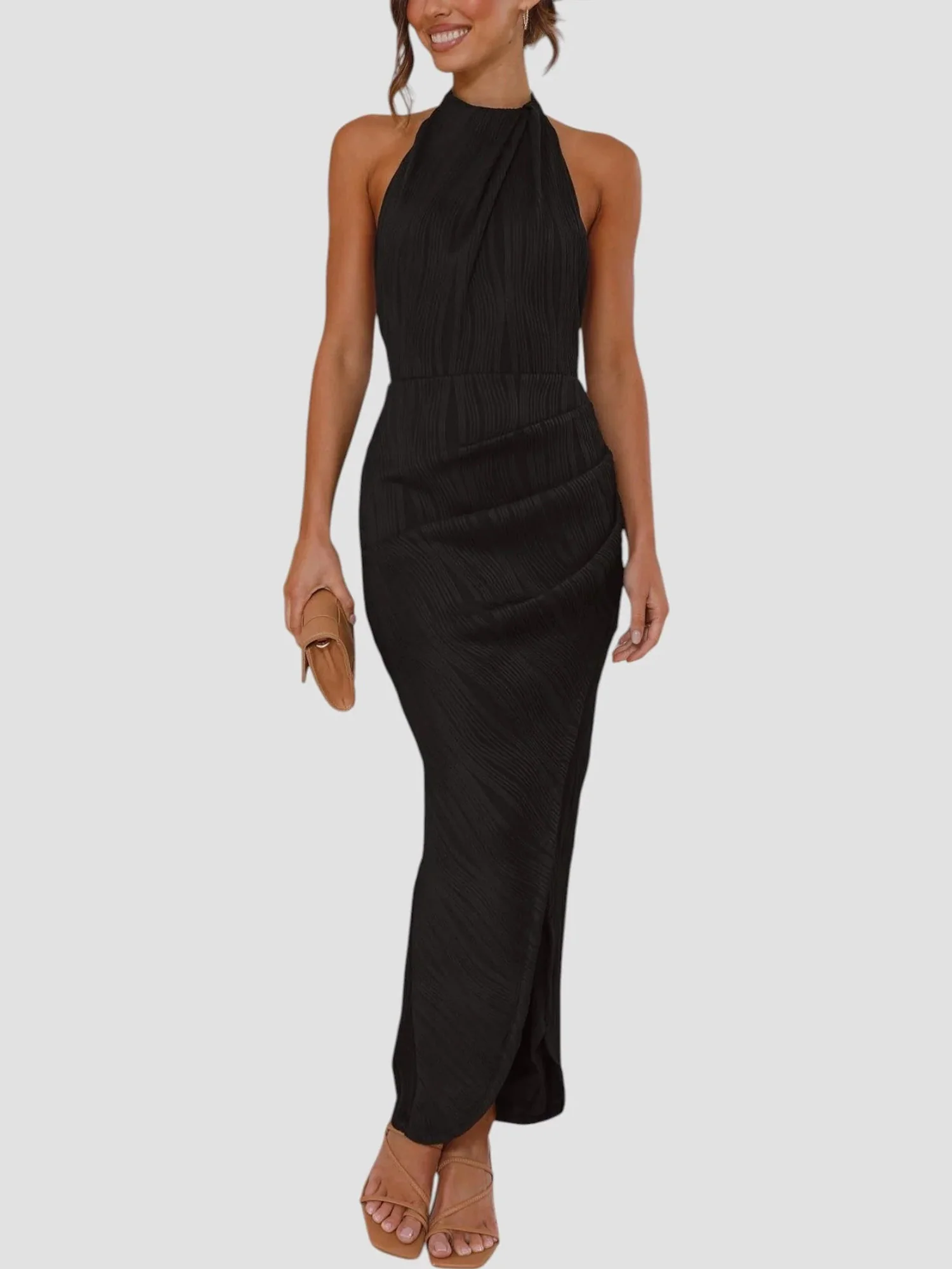 Black Halter Pleated Midi Dress