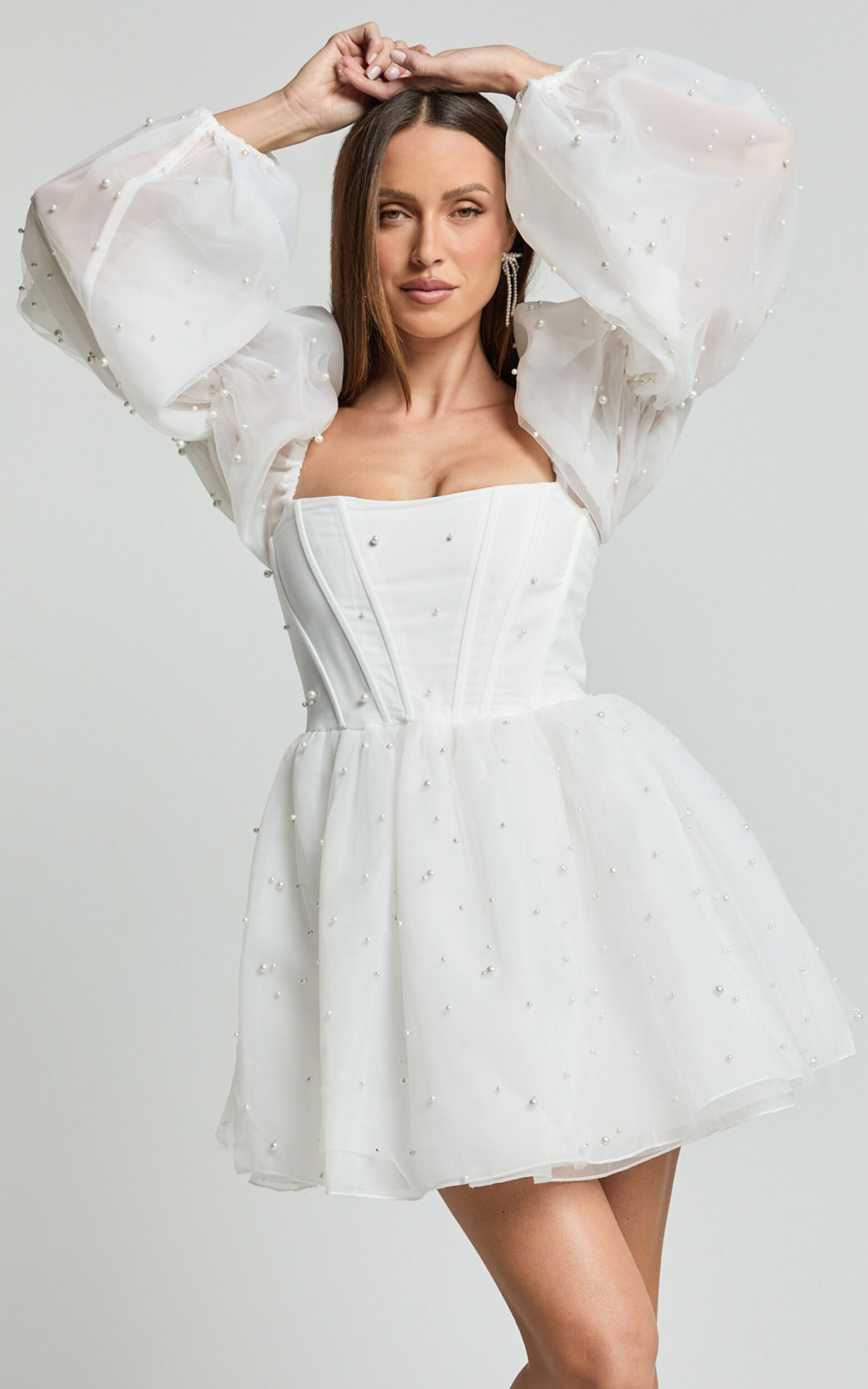 Ingrid Mini Dress - Long Puff Sleeve Pearl Detail Dress in White