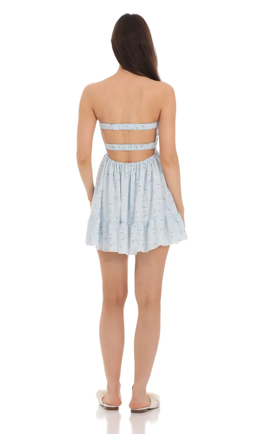 Floral Cutout Strapless Babydoll Dress in Blue - luluinthesky