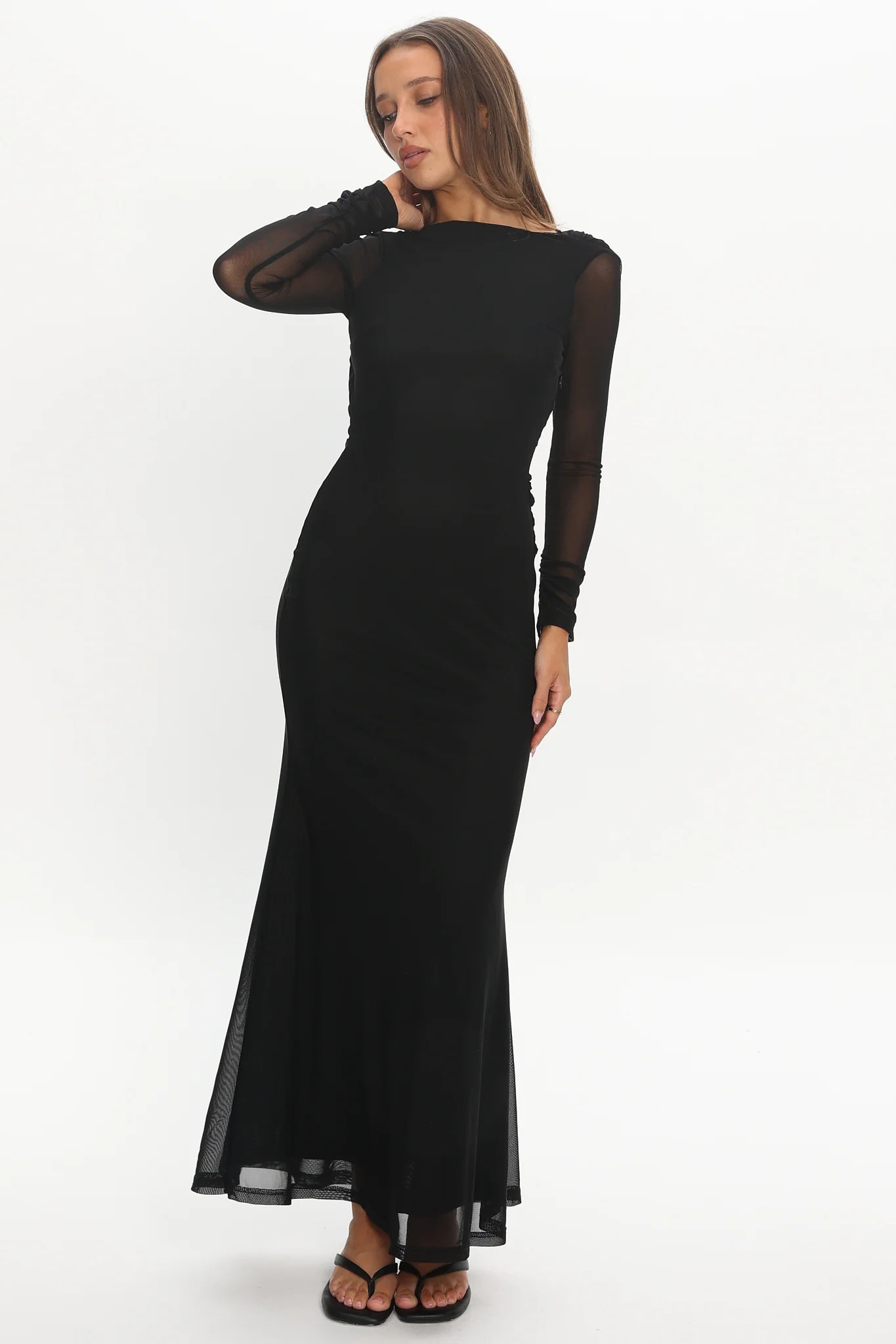 Lustre Open Back Mesh Maxi Dress Black