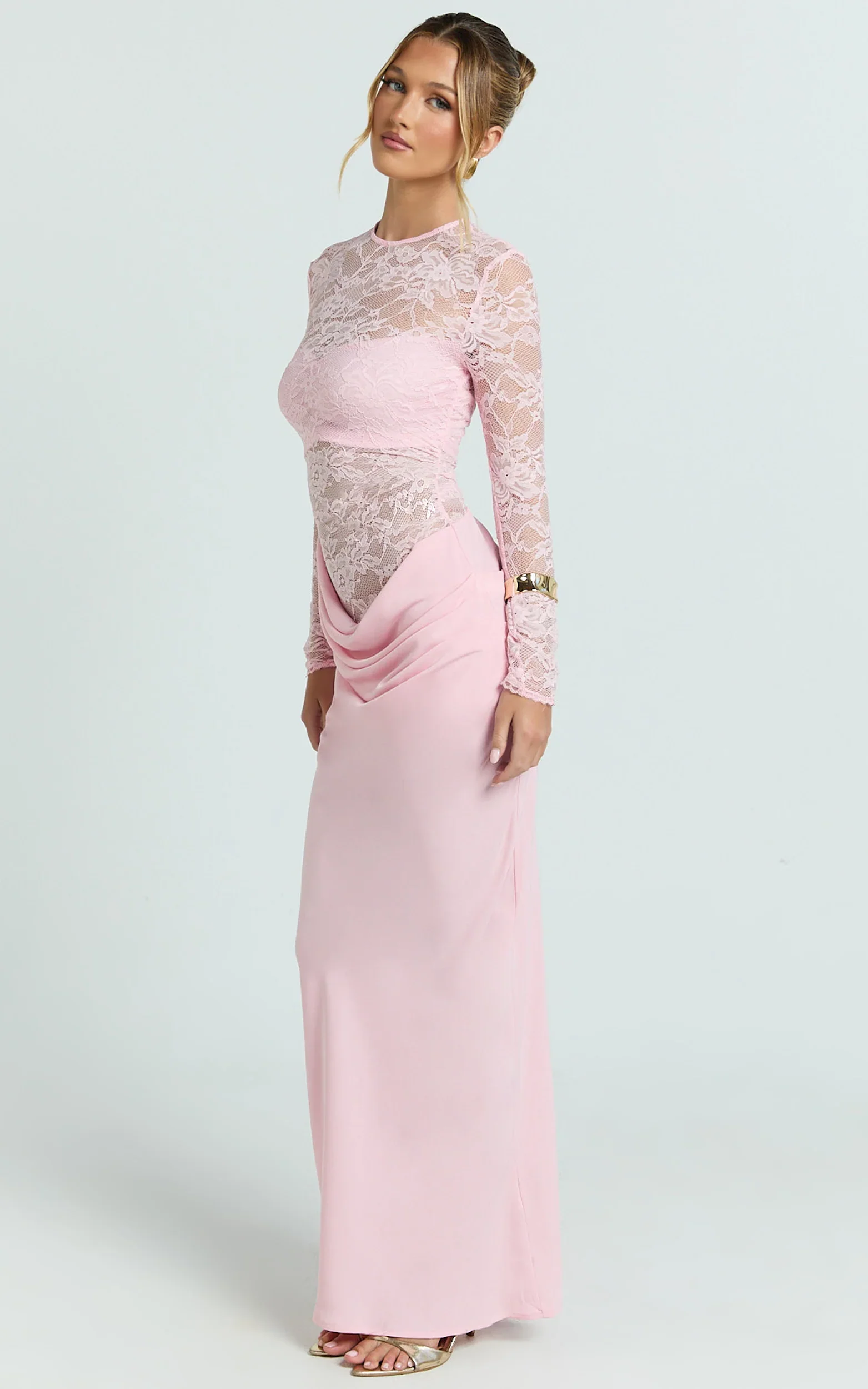 Crisanta Maxi Dress - Long Sleeve Contrast Lace Bodycon Dress in Pink