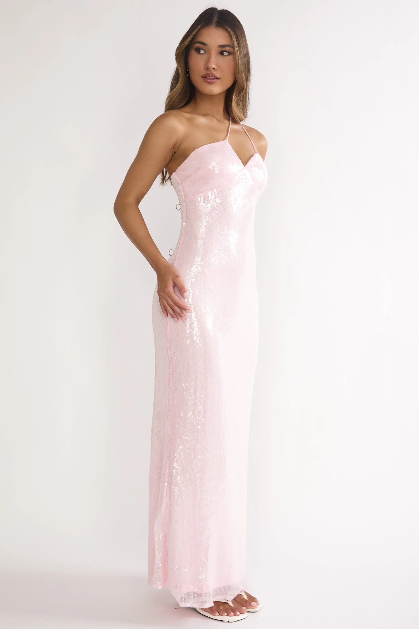 Roselyn One-Shoulder Sequin Maxi Dress Pink
