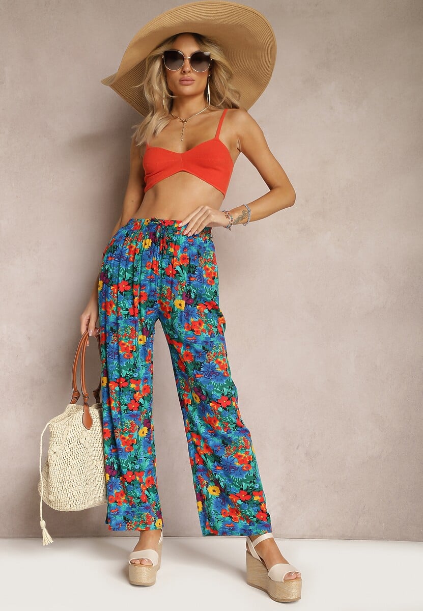 Żółto-Różowe Wiskozowe Spodnie z Prostą Nogawką High Waist w Kwiatowy Wzór Zaranima