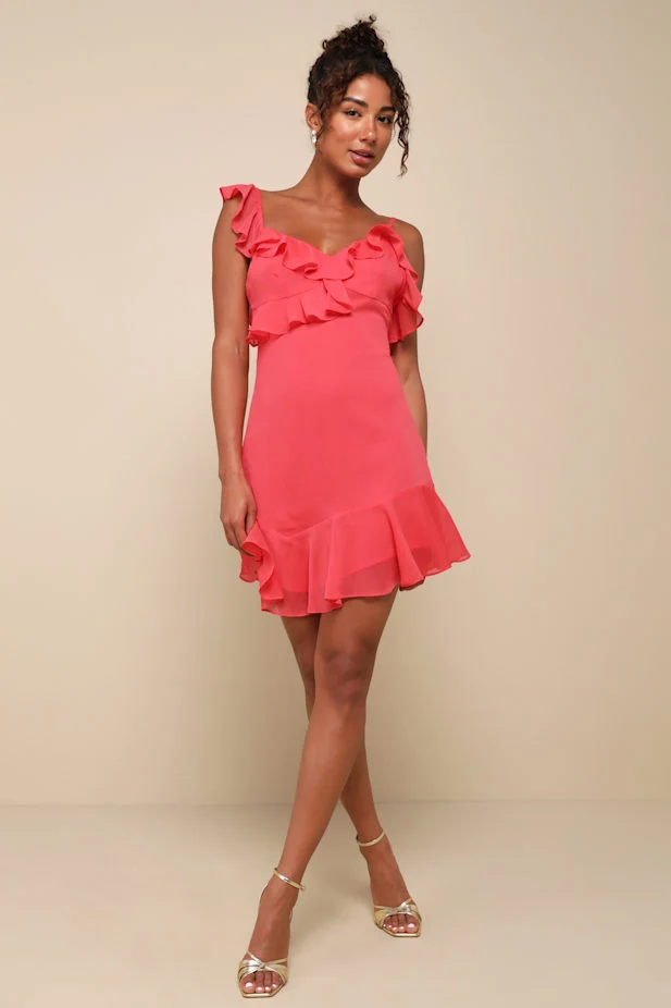 Captivating Always Coral Pink Ruffled Asymmetrical Mini Dress