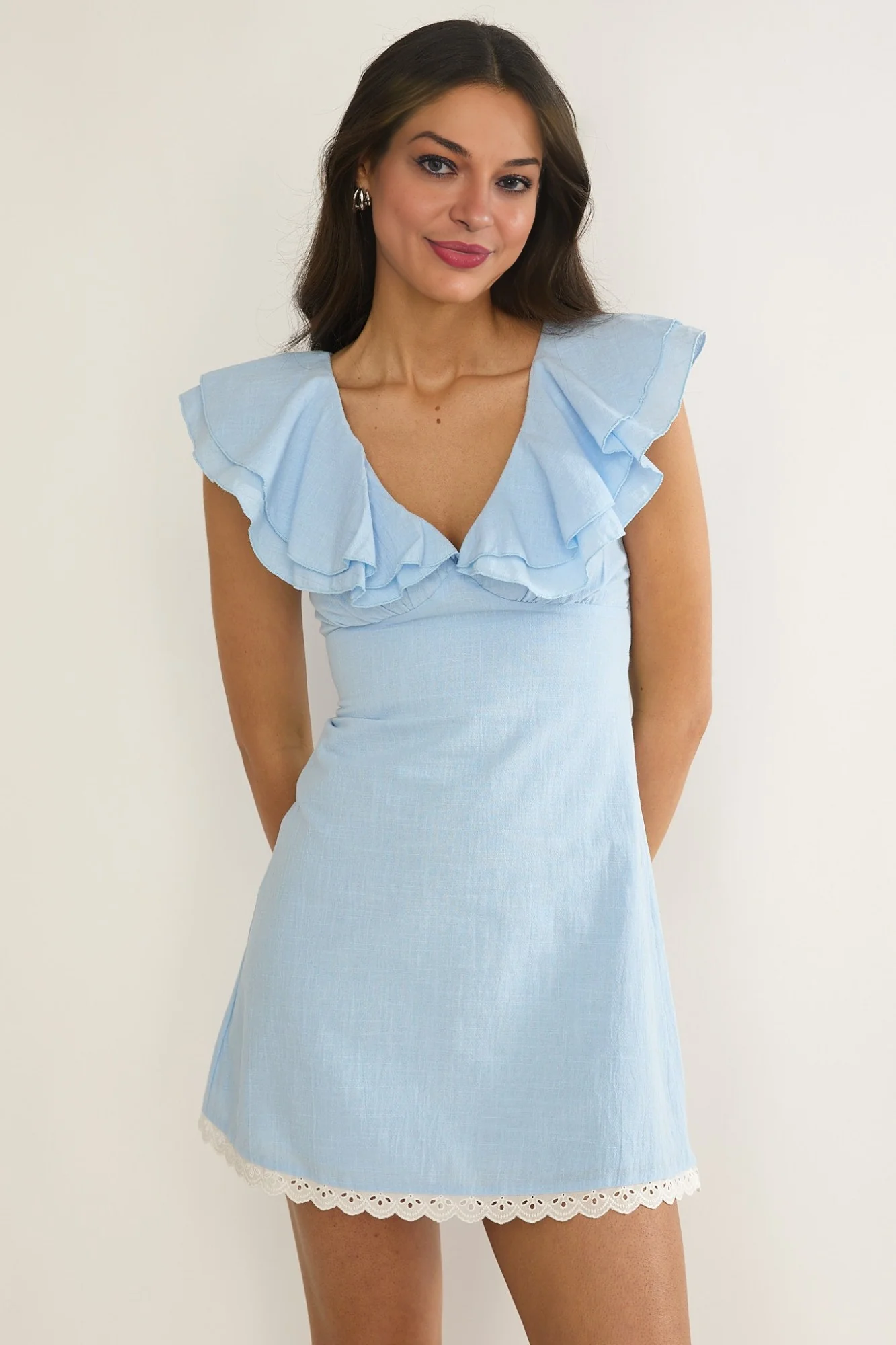Elegeleges Layered Ruffle Neckline Mini Dress Blue - elegeleges