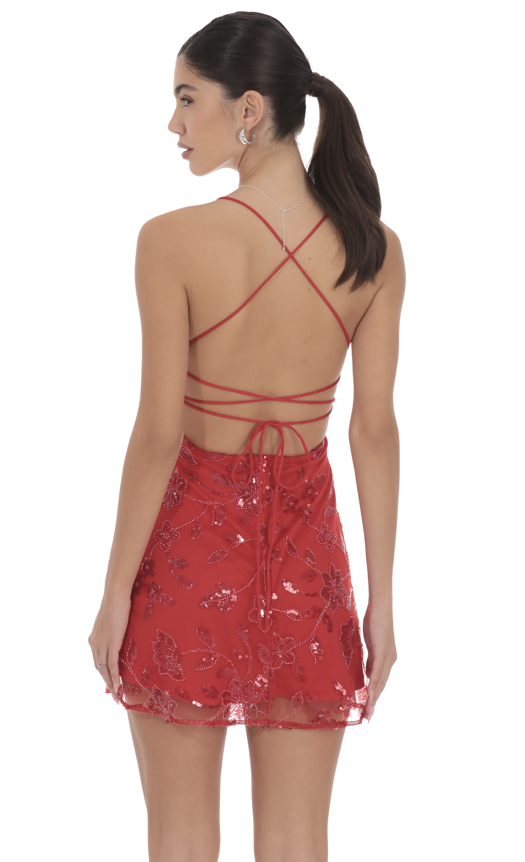 Floral Sequin Embroidered Open Back Dress in Red