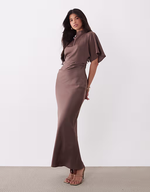 satin high neck blouson maxi dress with flutter sleeve in light brown