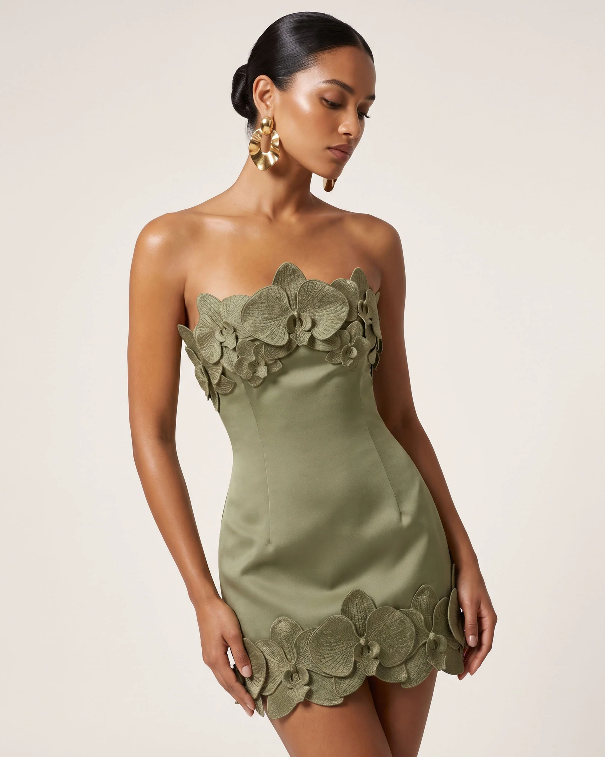 Orchid Trim Strapless Mini Dress - Greyish Green - FASHION NOB