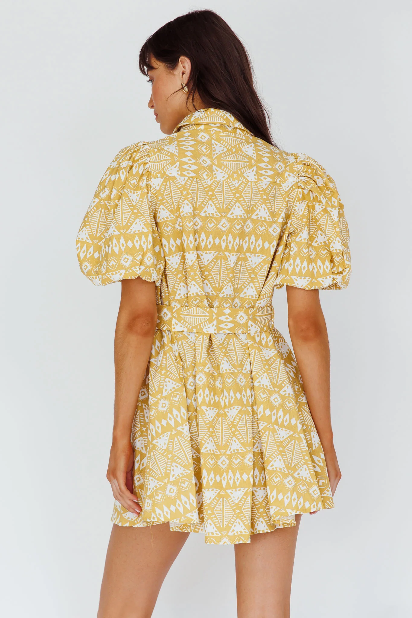 Nanette Puff Sleeve Belted Mini Dress Print Yellow
