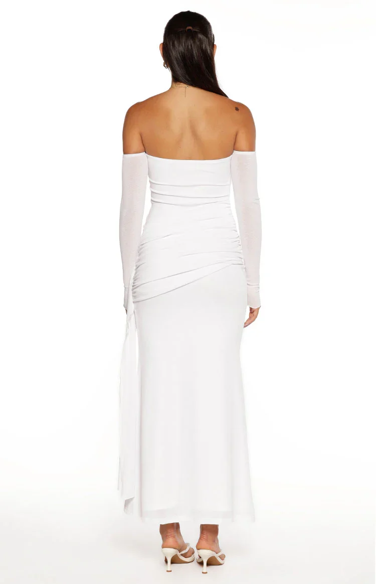 Breanna White Long Sleeve Ruched Maxi Dress