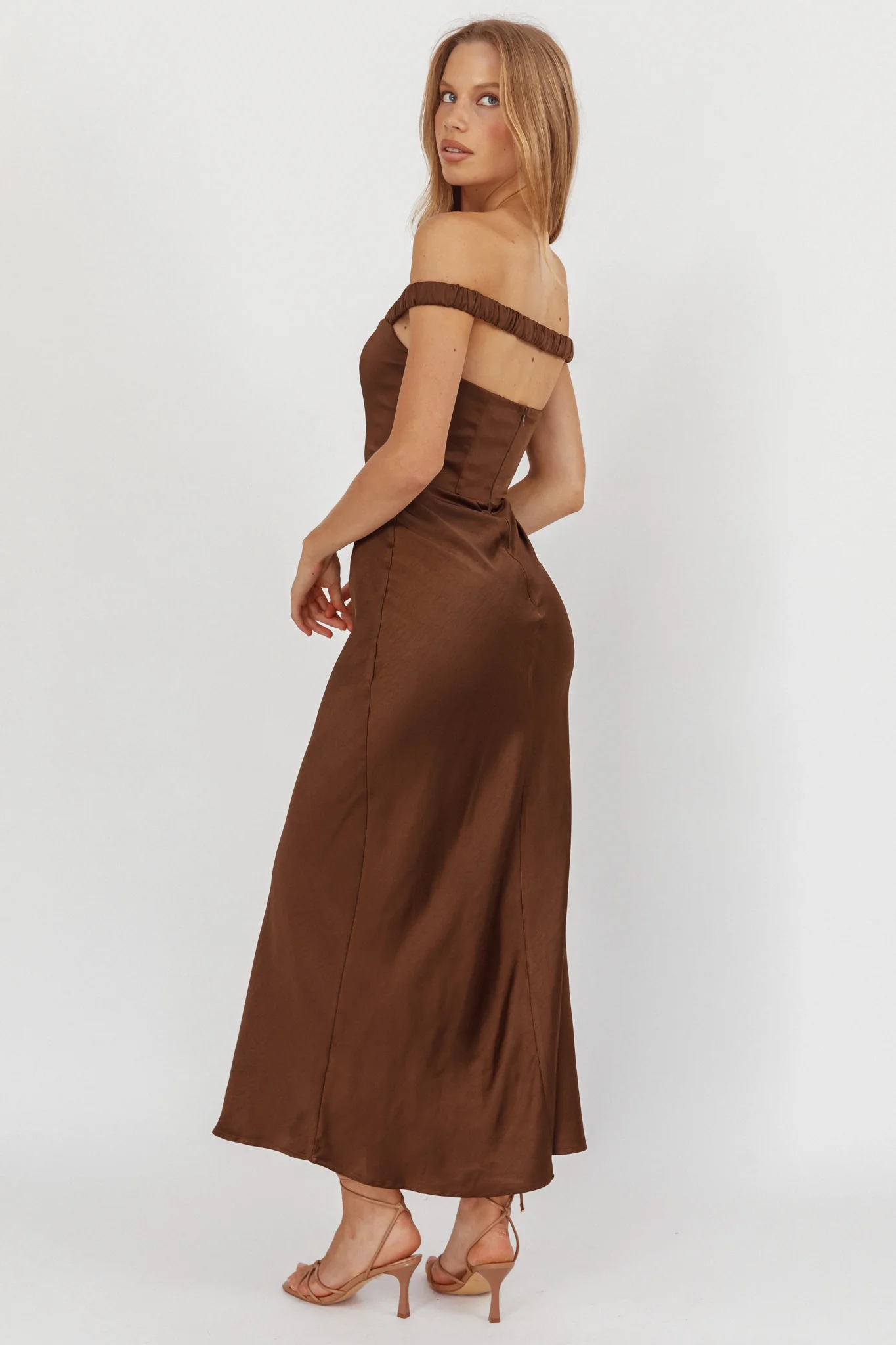 Cari Off-Shoulder Strap Maxi Dress Chocolate - luluinthesky