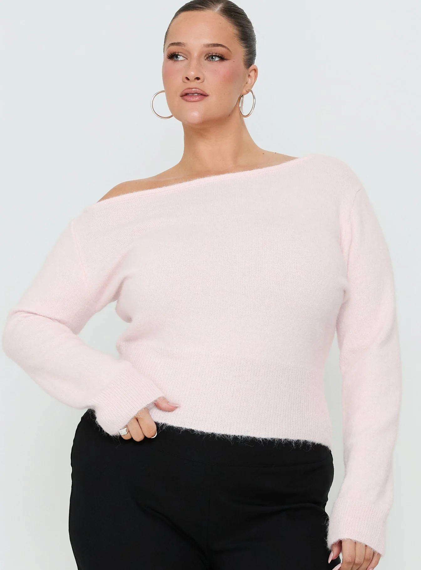 Selbey Fluffy Cinched Waist Off Shoulder Top Pink  Curve