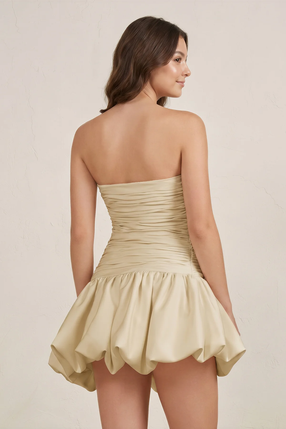 Champagne Strapless A-Line Satin Balloon Draped Homecoming Dress