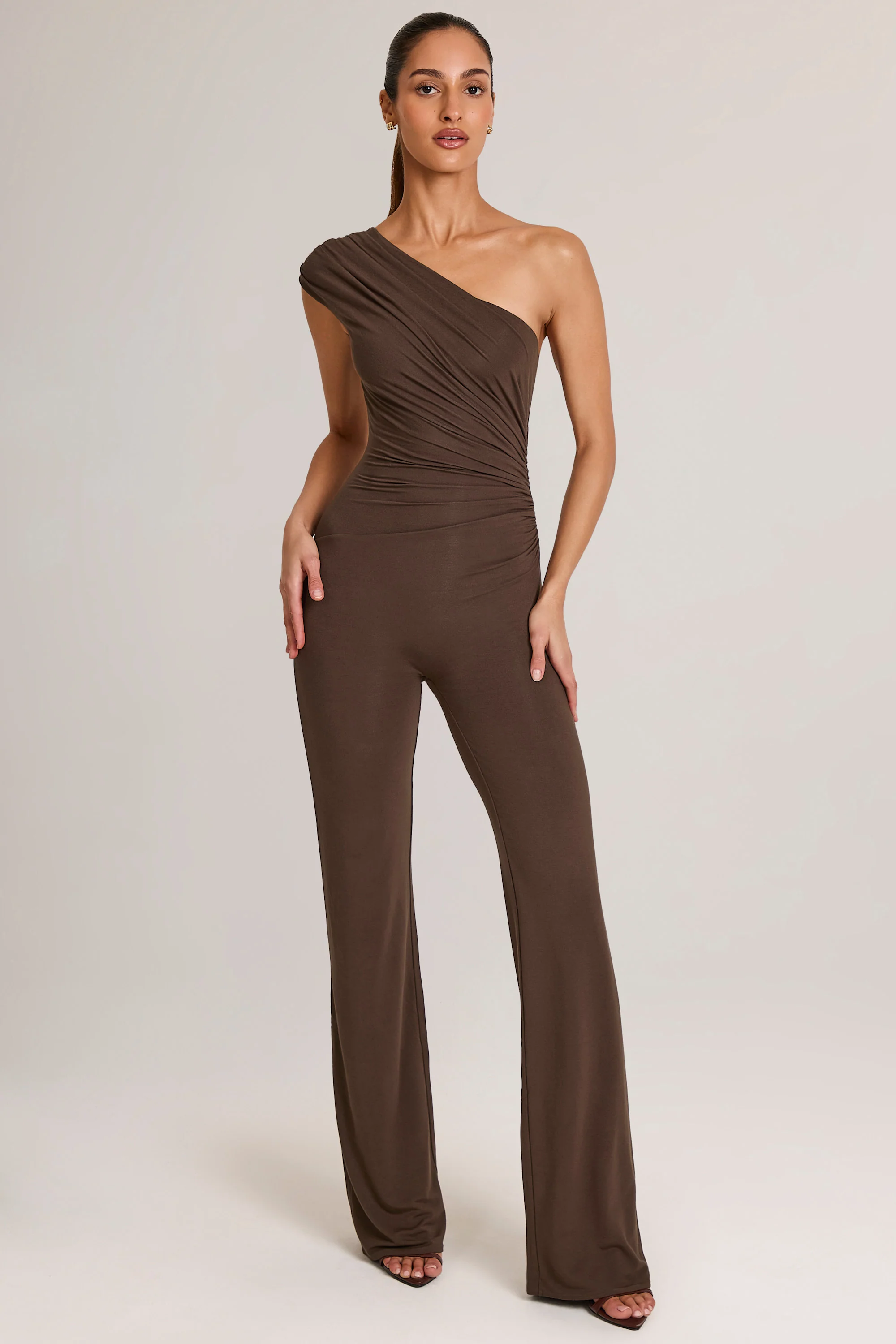 Modal One-Shoulder Jumpsuit in Chocolate Brown