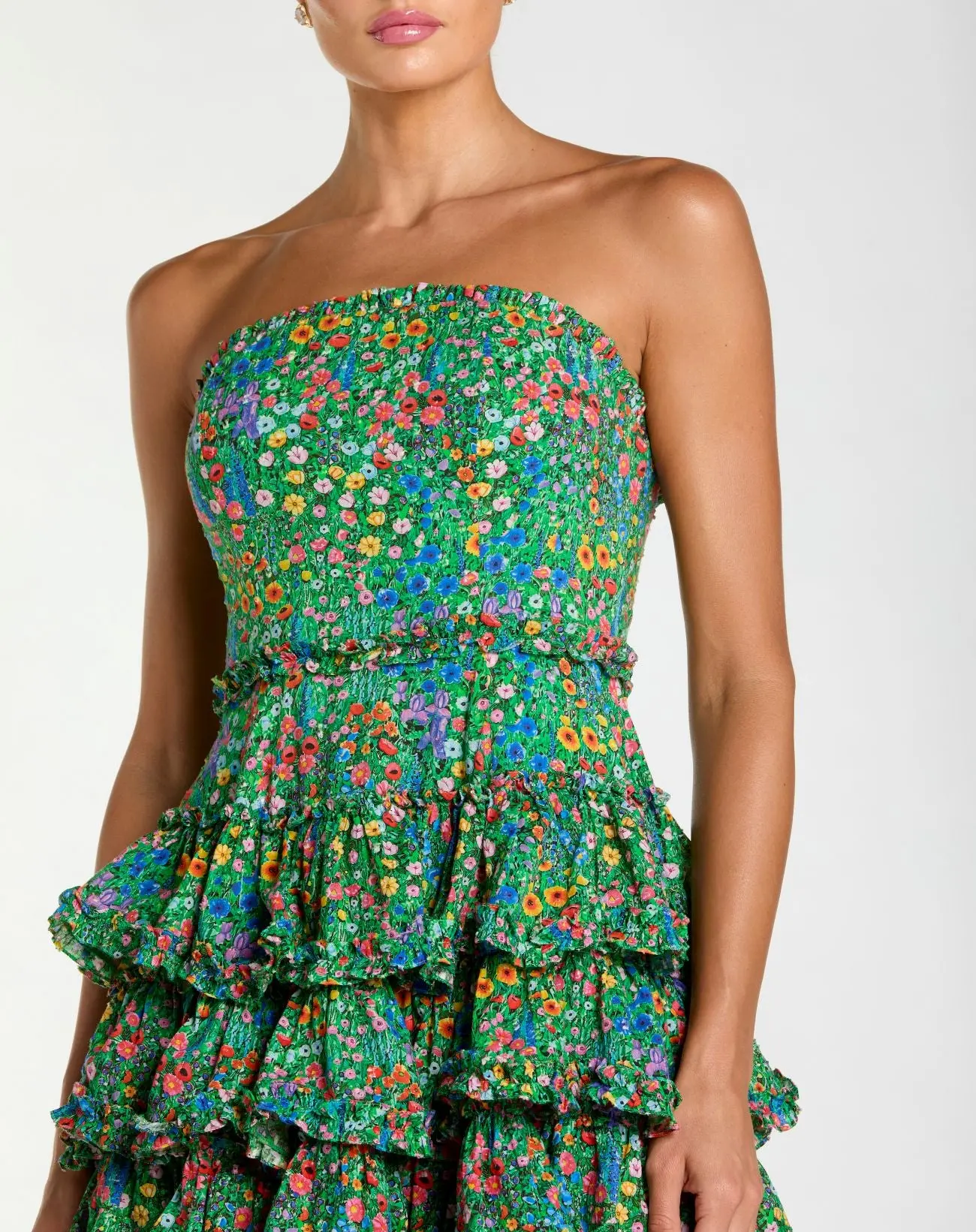 Green Strapless Floral Cotton Ruffle Midi Dress