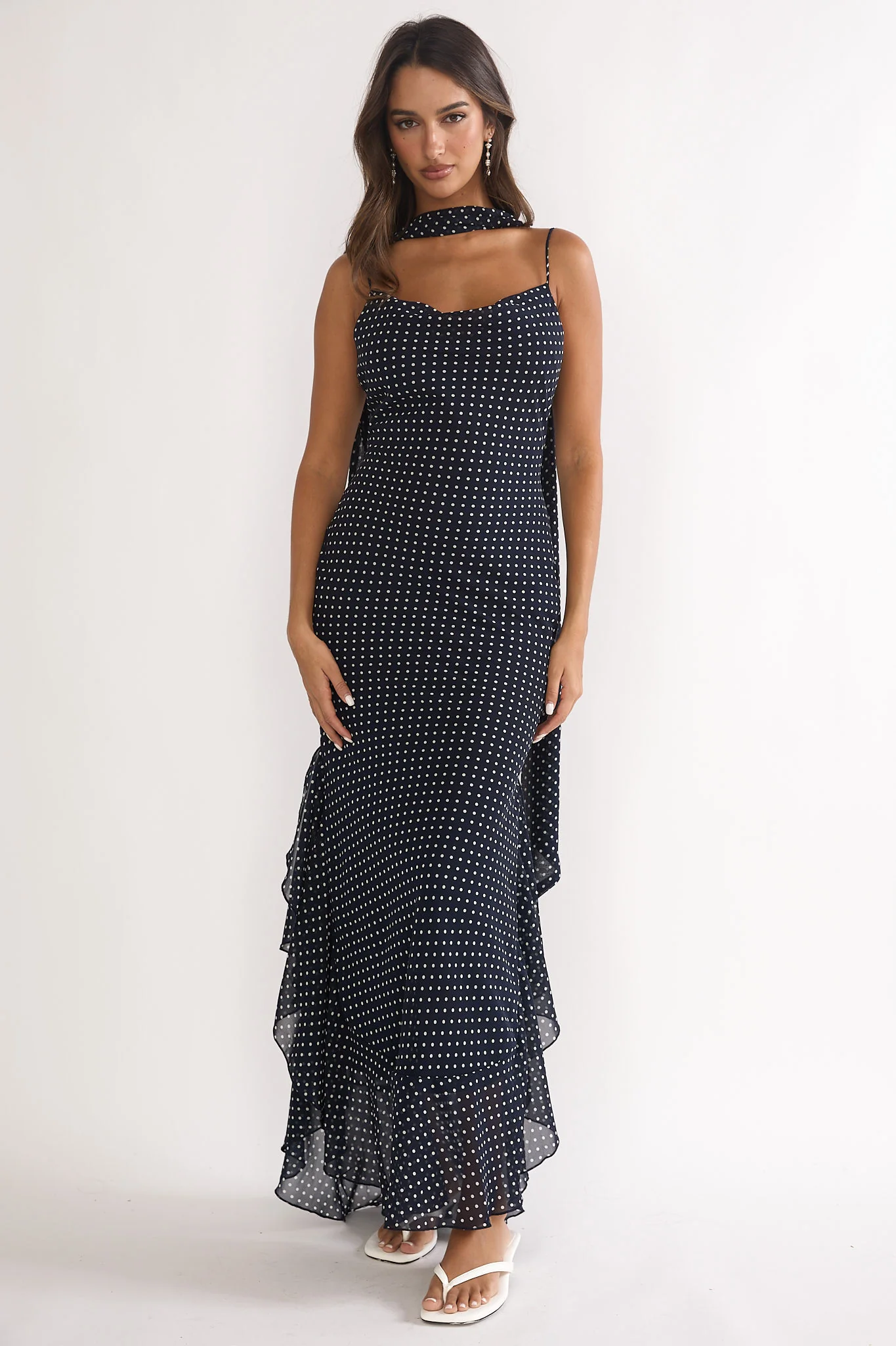 Emmara Tied Shoulder Maxi Dress Polka Dot Navy - luluinthesky