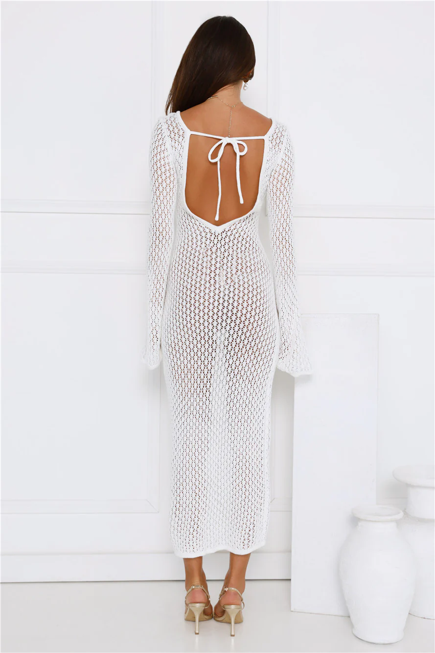 Sailing Into Sunset Knit Long Sleeve Maxi Dress White - luluinthesky