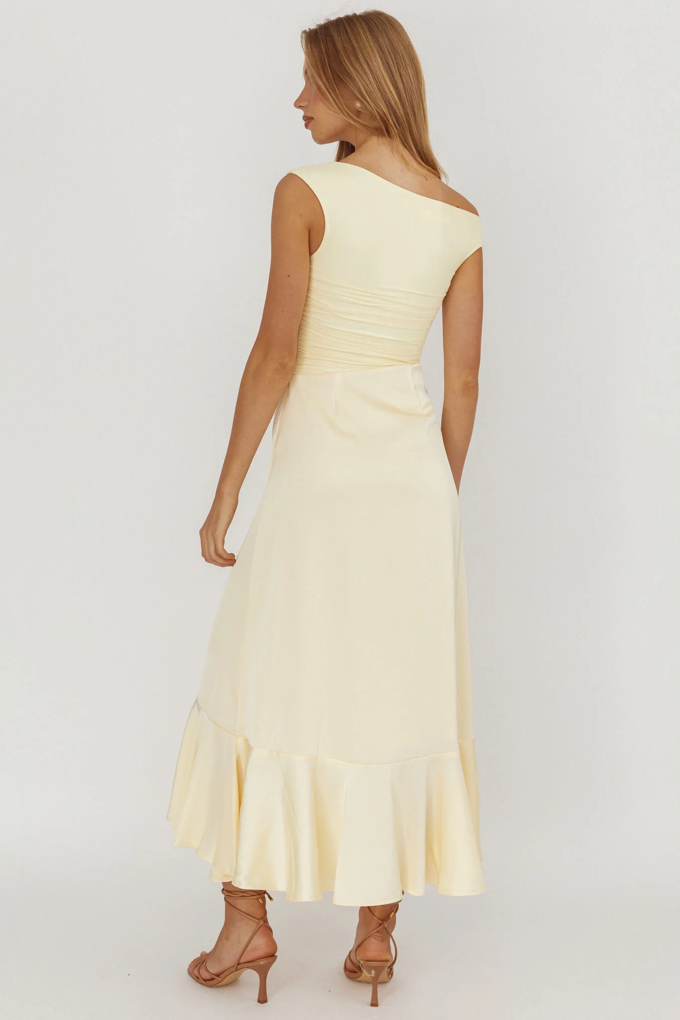 Moonlit Magic Asymmetric Neckline Satin Ruffle Dress Butter