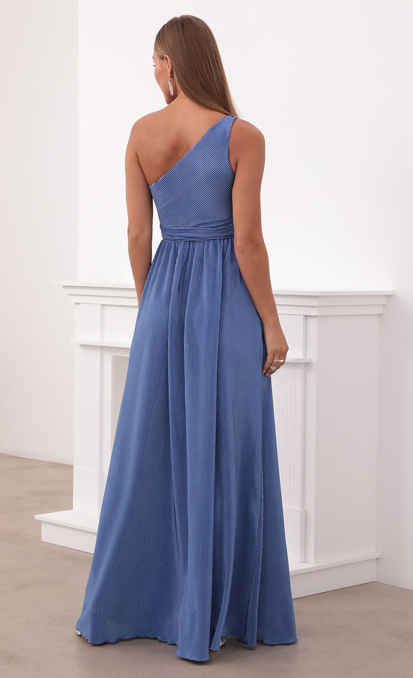 One Shoulder Pleated Dress in Periwinkle Blue