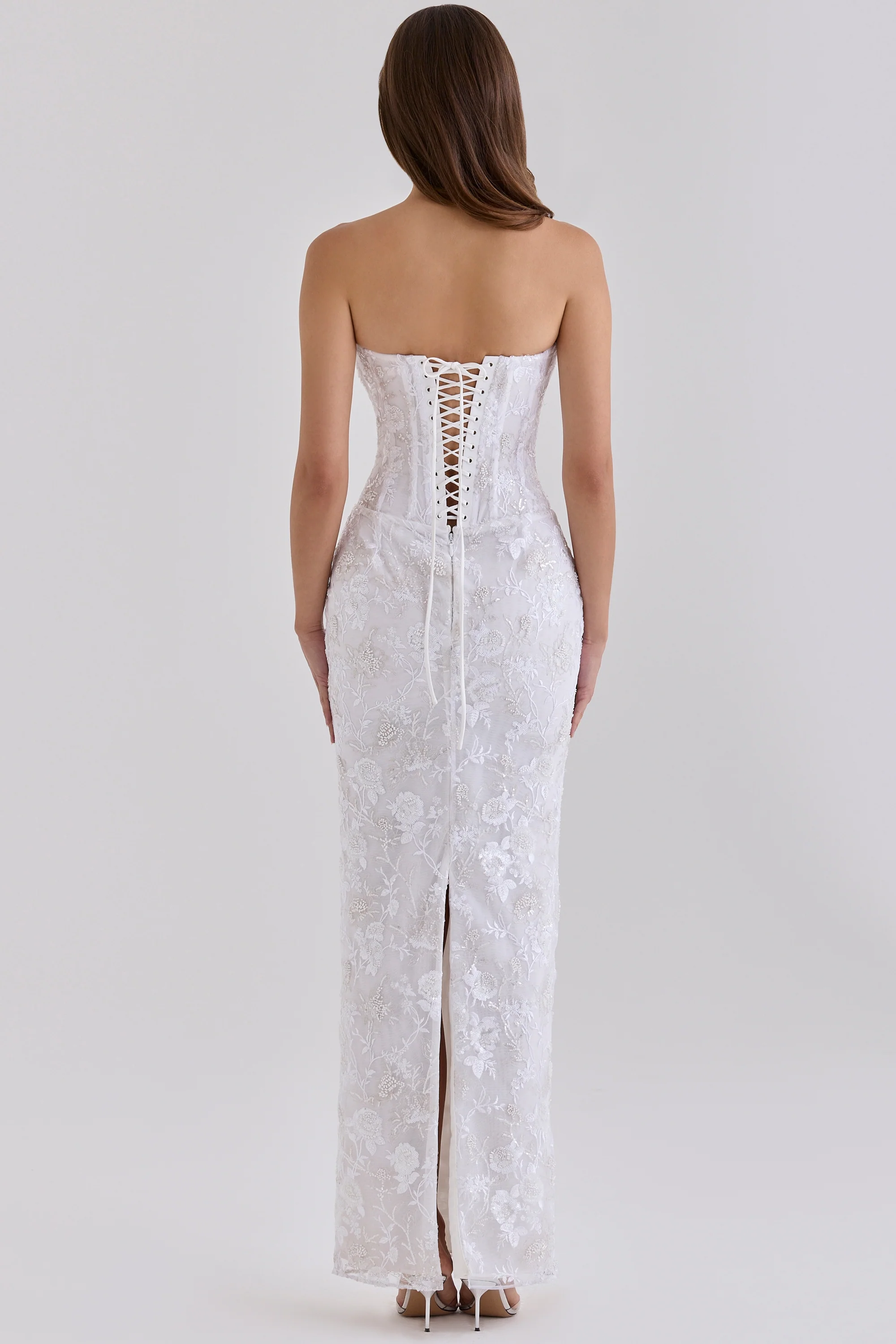 White Hand Beaded Embellished Strapless Maxi Dress