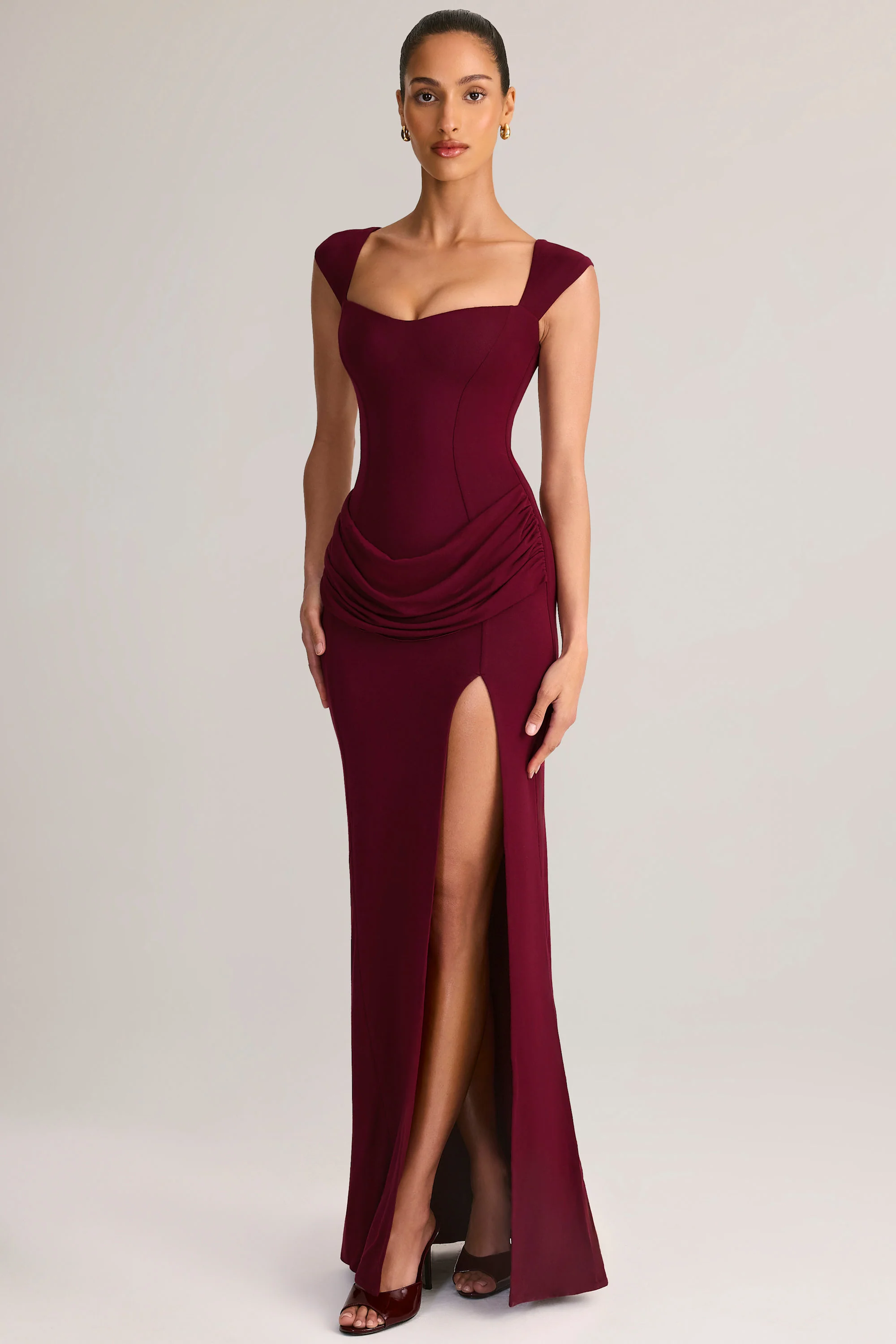 Modal Sweetheart-Neck Cowl-Waist Maxi Dress in Wine