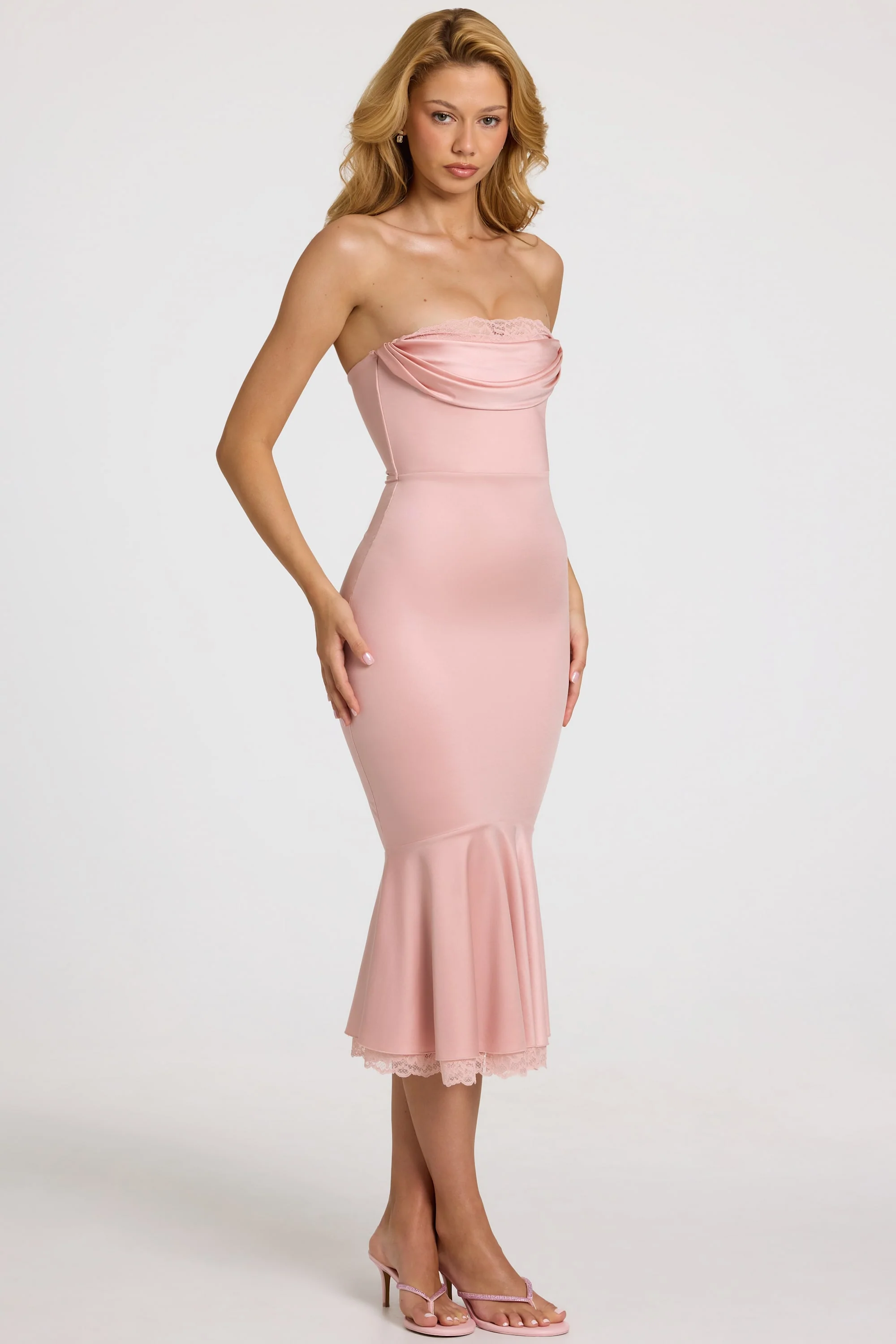 Satin Lace-Trim Bandeau Fluted Midaxi Dress in Blush Pink
