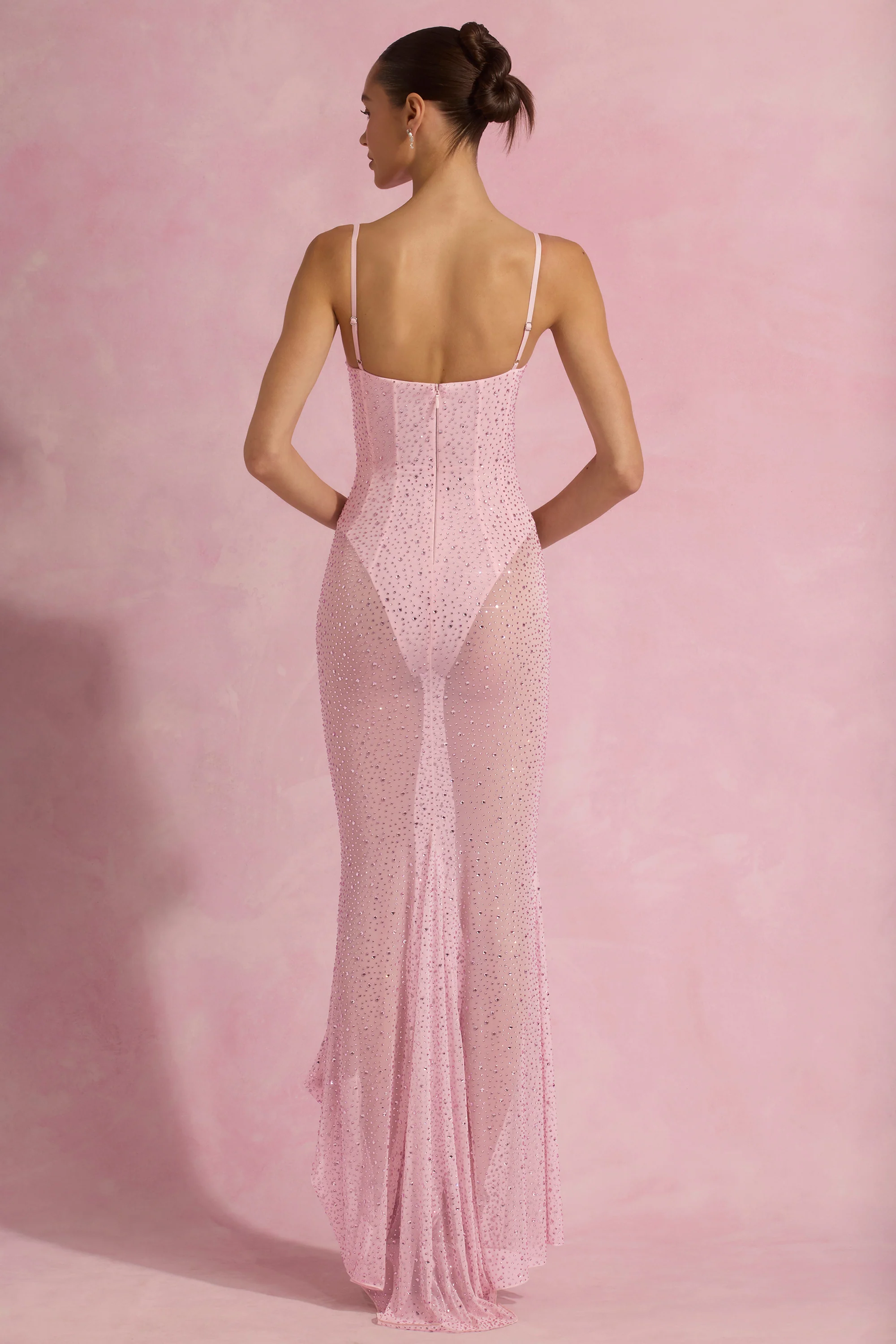Semi-Sheer Embellished Corset Gown in Pink
