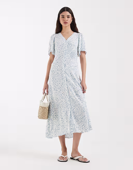 Vero Moda button down maxi dress in white and blue ditsy floral print