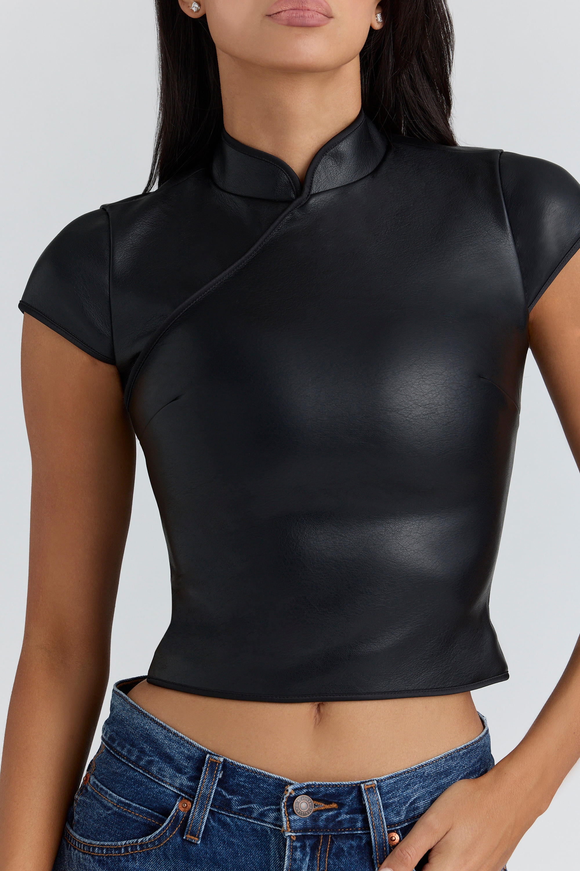 Black Vegan Leather Mandarin Collar Top