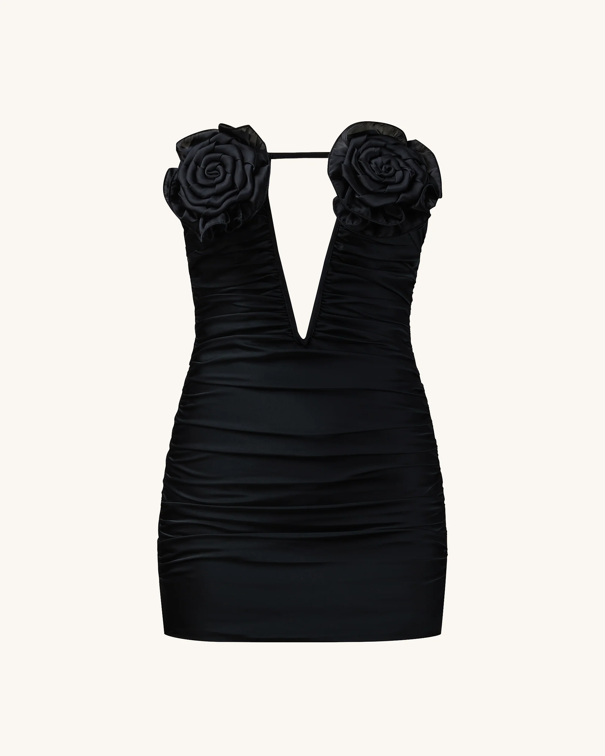 Bailee Black Floral Applique And Ruched Tube Mini Dress - Black - FASHION NOB