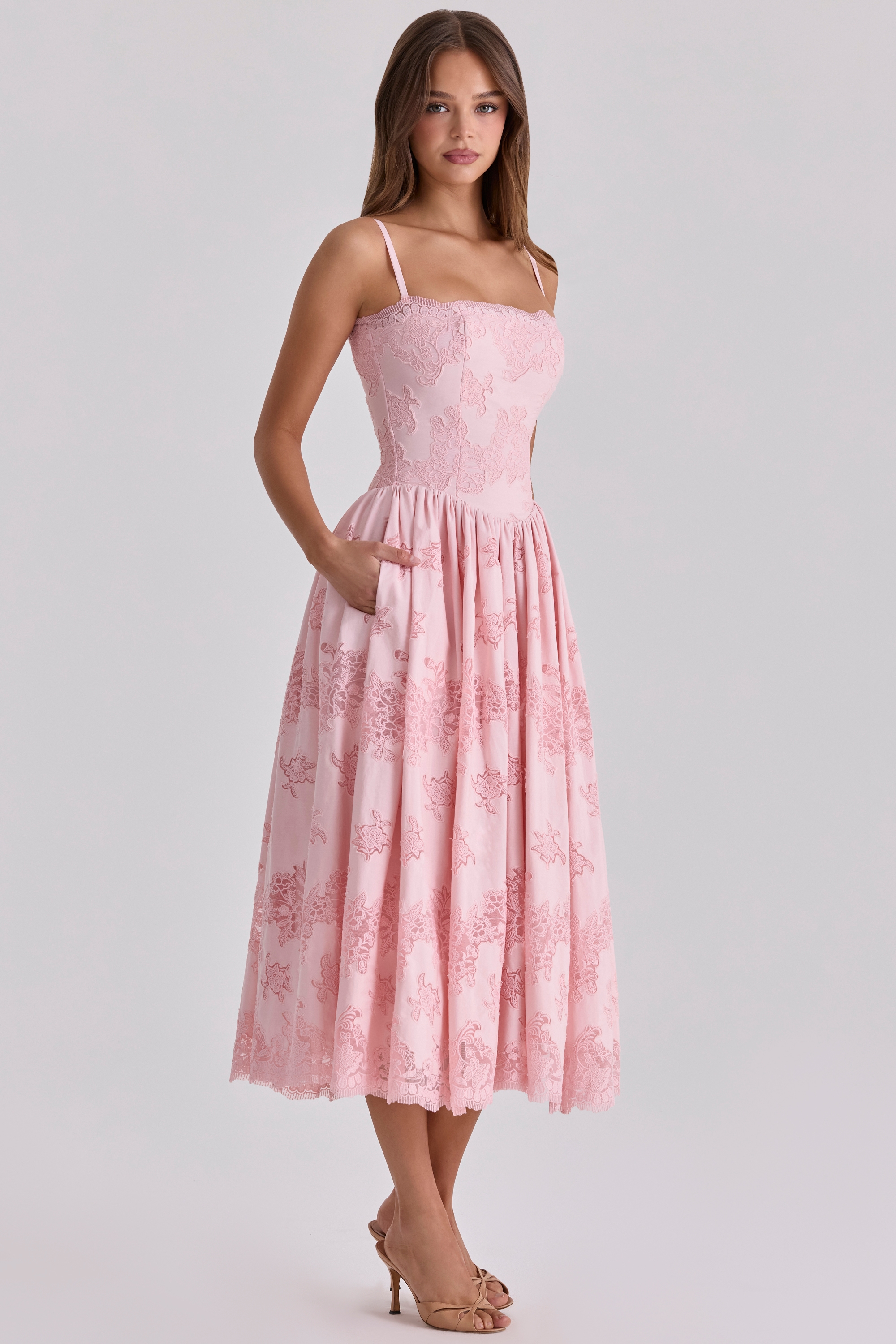 pink cotton broderie anglais lace midi sundress