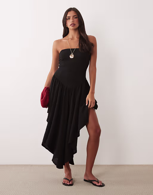 textured midi dress with high low hem in black