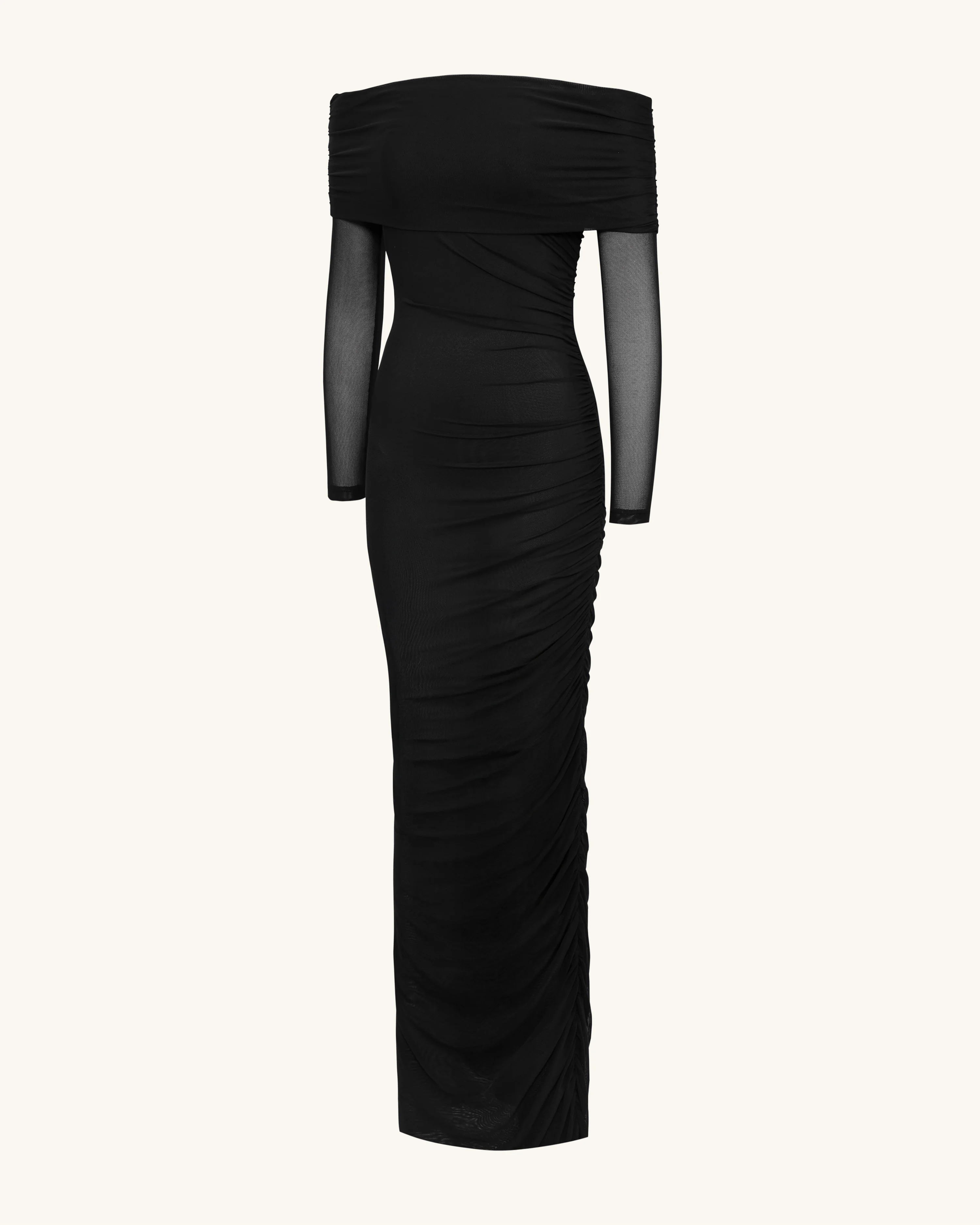 Ruched Off-Shoulder Mesh-Sleeve Mermaid Maxi Dress - Black - FASHION NOB