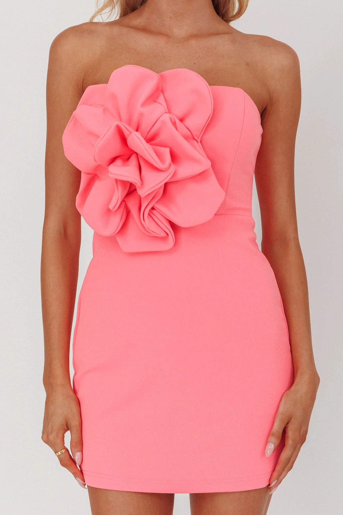 Karoline 3D Flower Strapless Mini Dress Pink - FASHION NOB