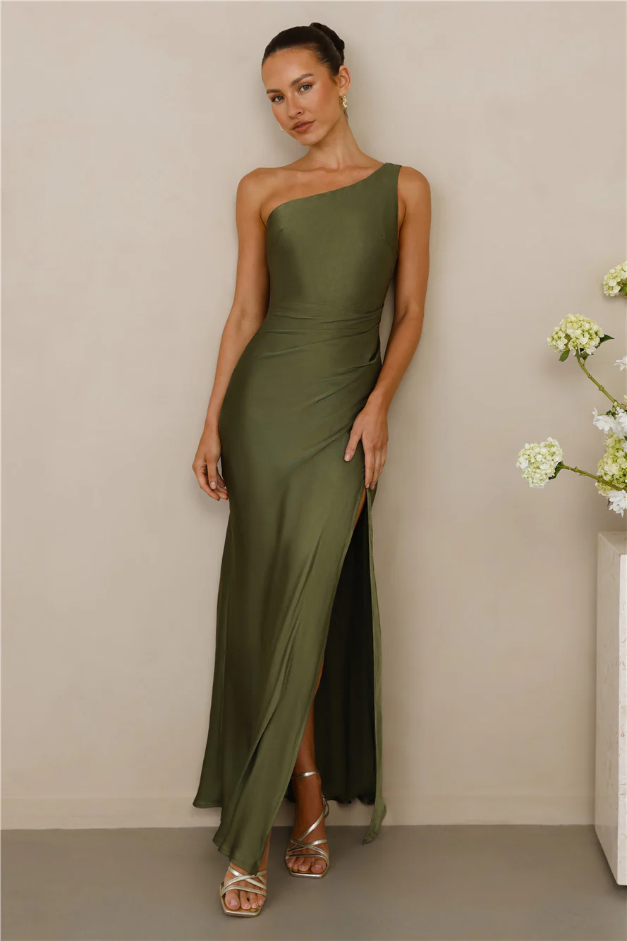 The Aurora One Shoulder Satin Maxi Dress Olive